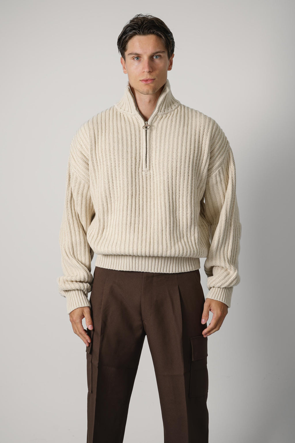 Bram's Fruit Fisherman Quarter Zip Knit – Beige