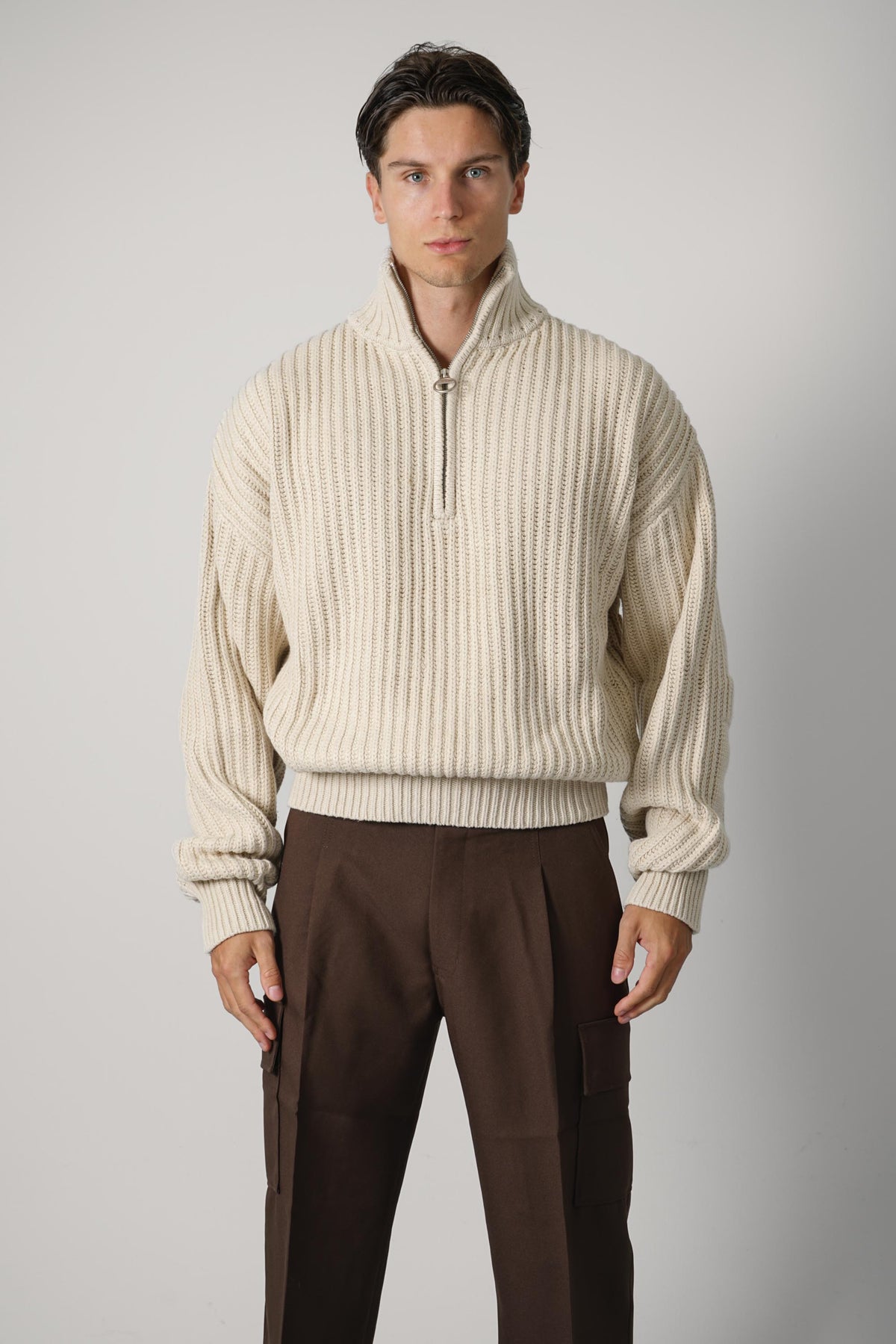 Bram's Fruit Fisherman Quarter Zip Knit – Beige