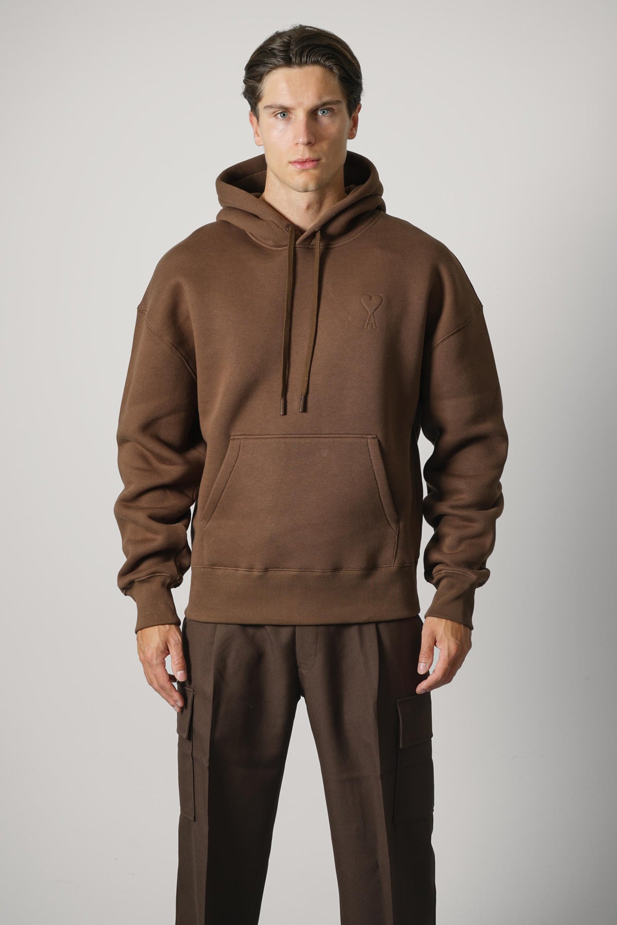 Ami Paris Hoodie with Tonal Embossed Big Ami de Coeur – Chocolate Brown
