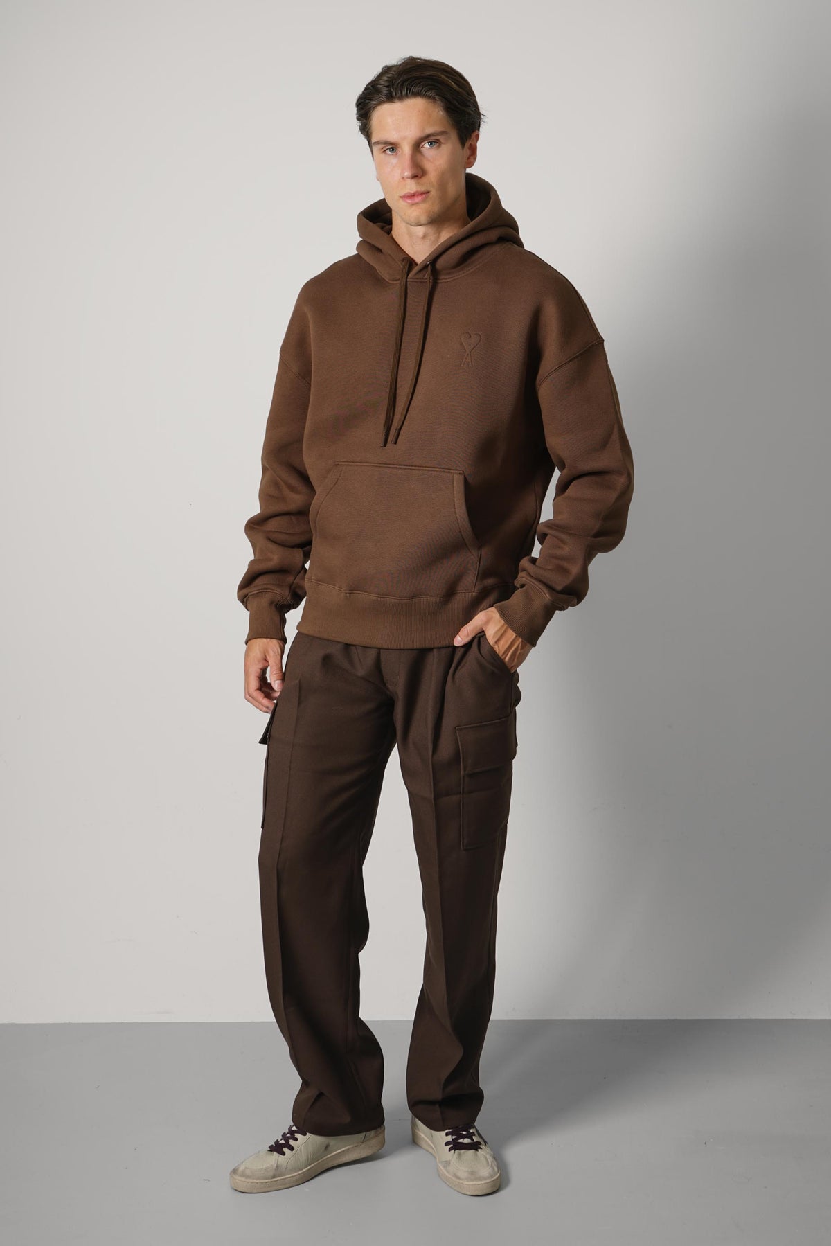 Ami Paris Hoodie with Tonal Embossed Big Ami de Coeur – Chocolate Brown