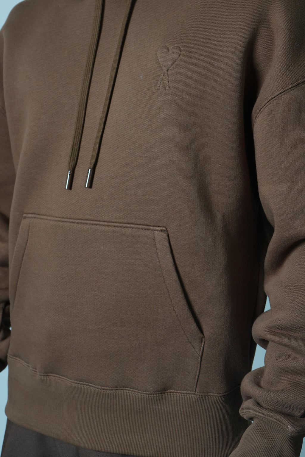Ami Paris Hoodie with Tonal Embossed Big Ami de Coeur – Chocolate Brown