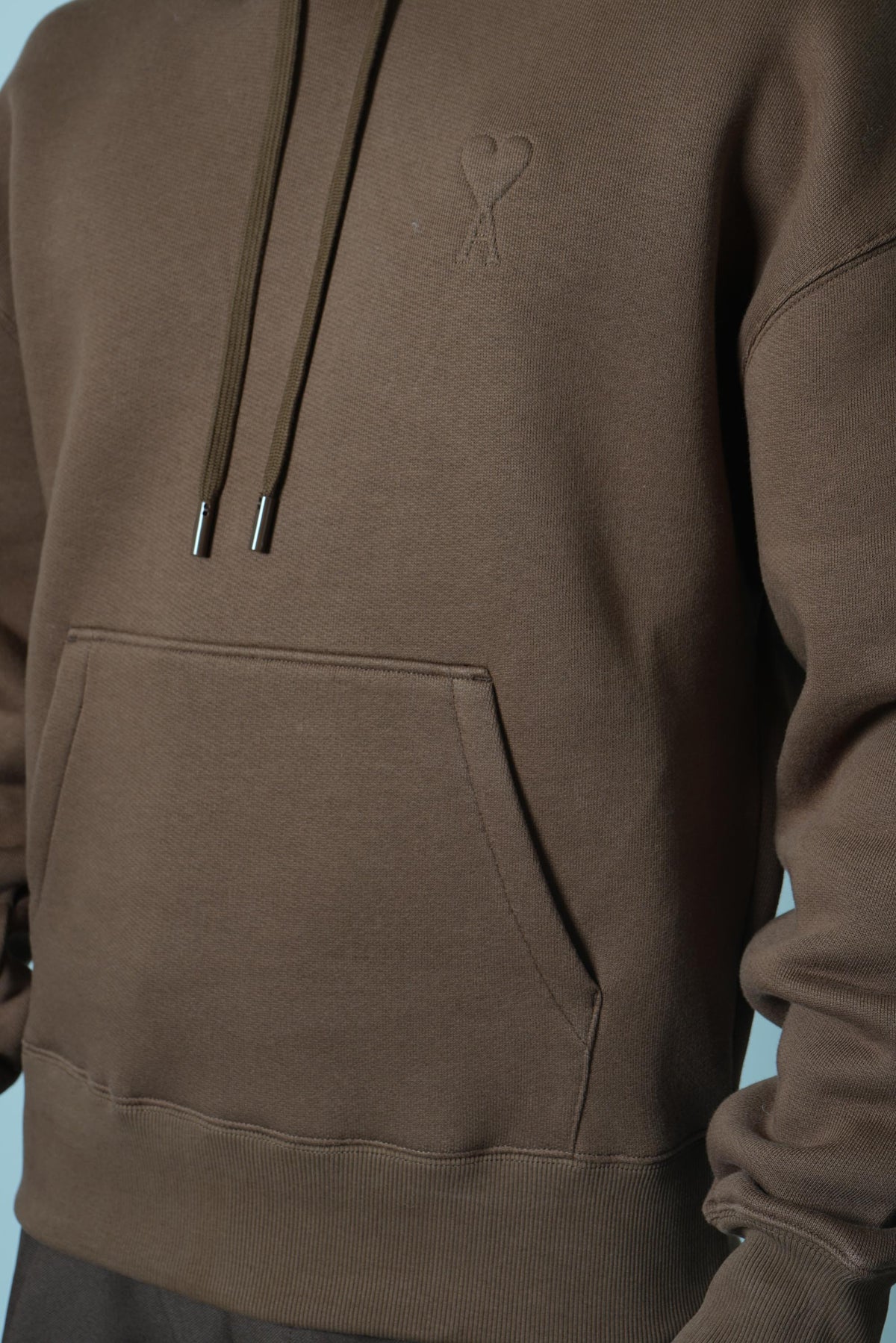Ami Paris Hoodie with Tonal Embossed Big Ami de Coeur – Chocolate Brown