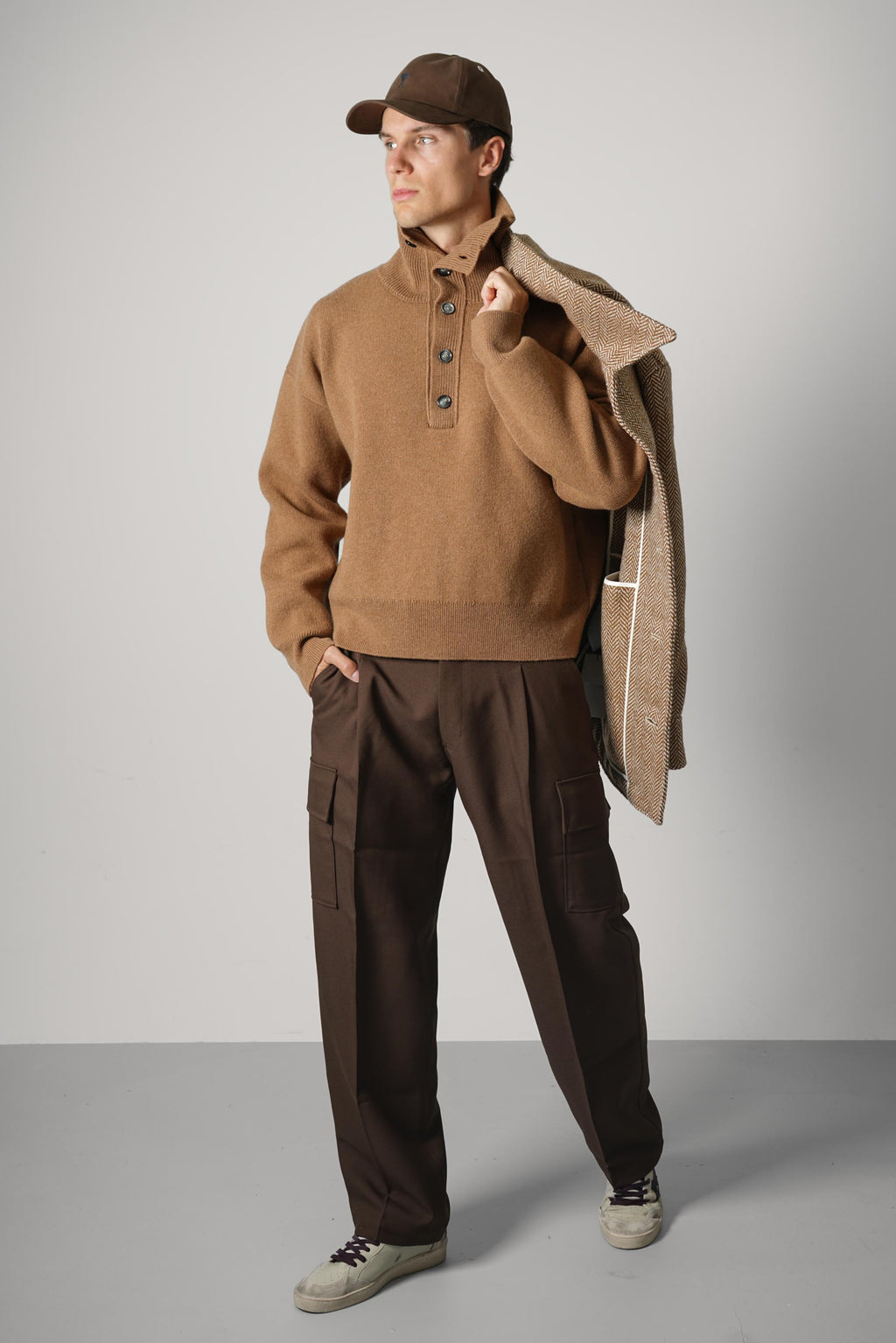 Ami Paris High Buttoned Collar Sweater – Camel