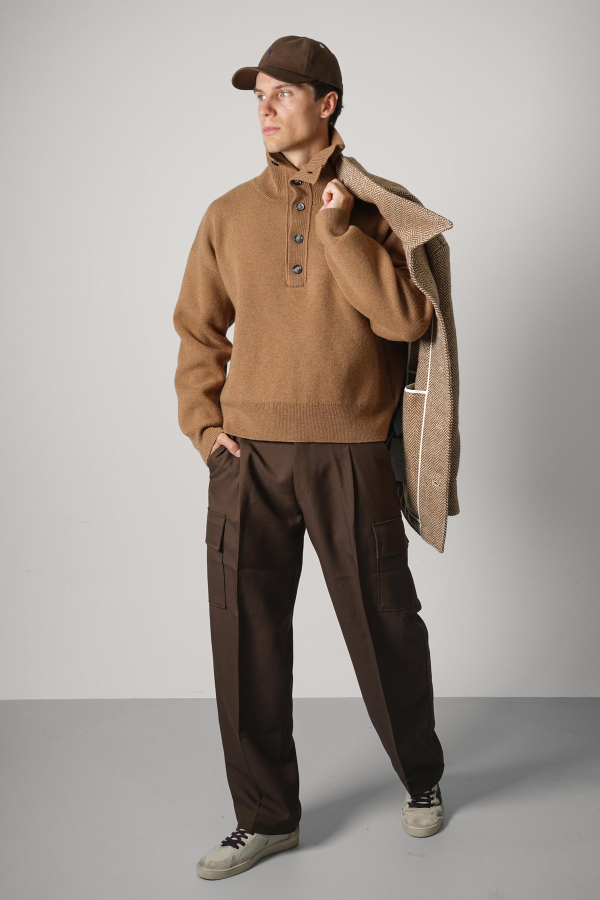 Ami Paris High Buttoned Collar Sweater – Camel