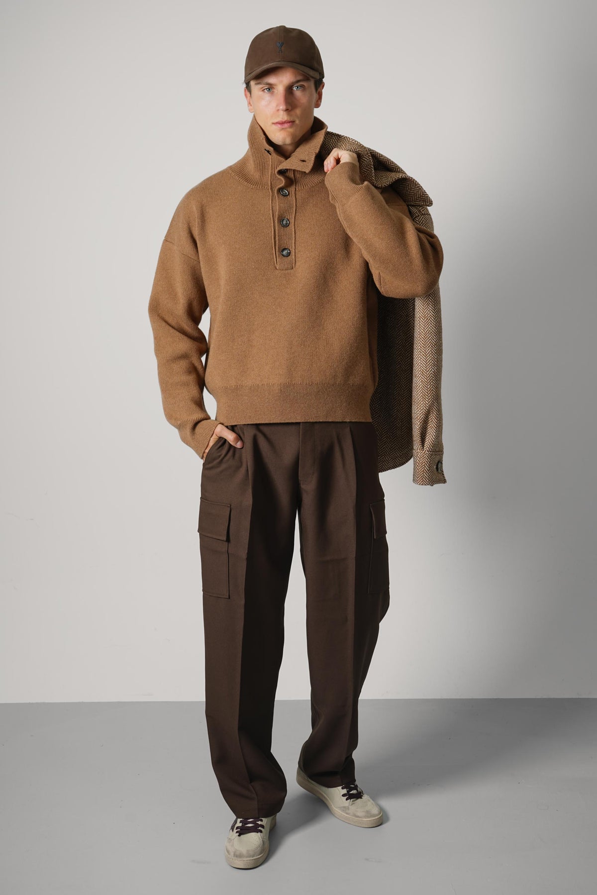 Ami Paris High Buttoned Collar Sweater – Camel