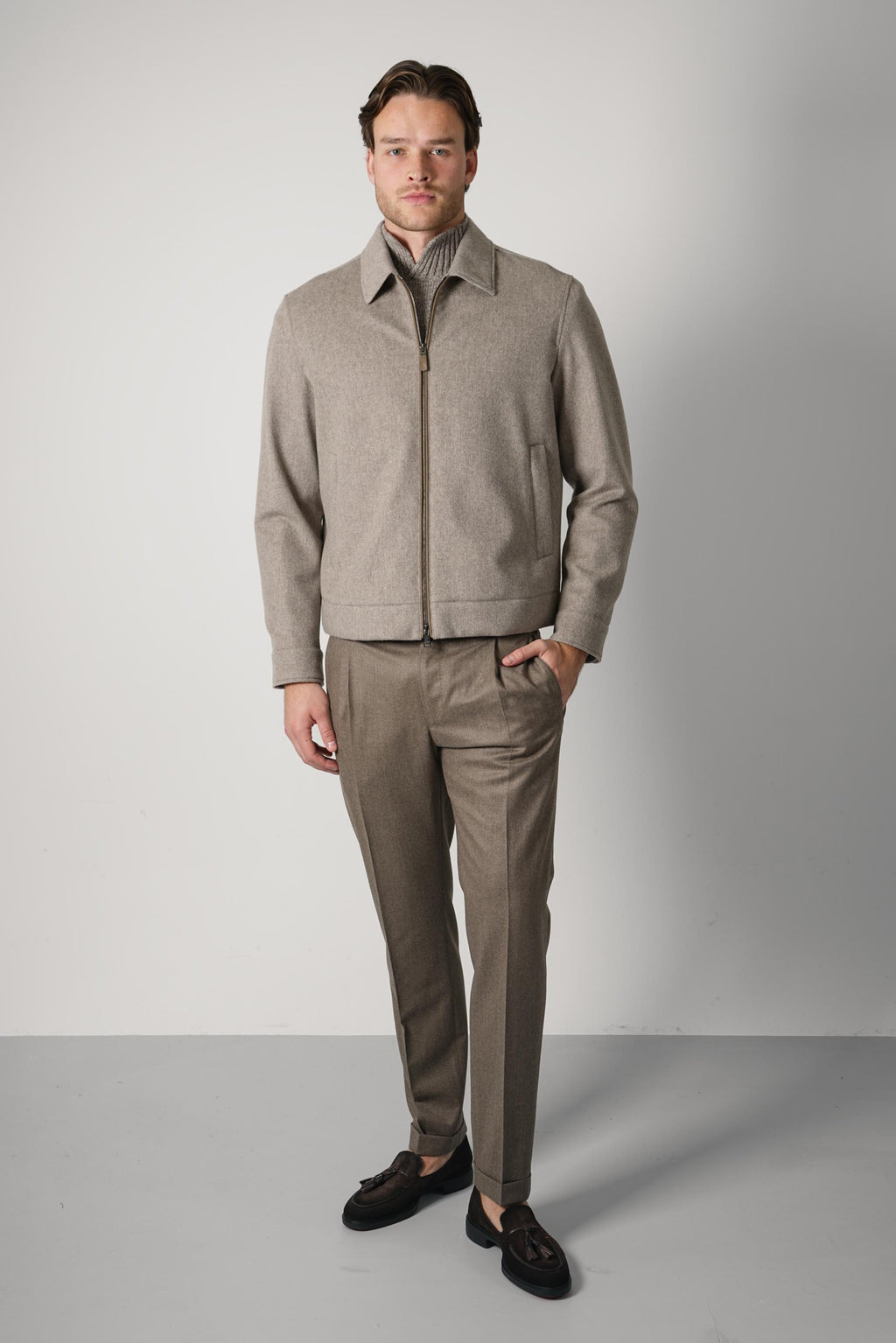 Paul & Shark Shirt Collar Blouson in Loro Piana Storm System Cashmere – Taupe