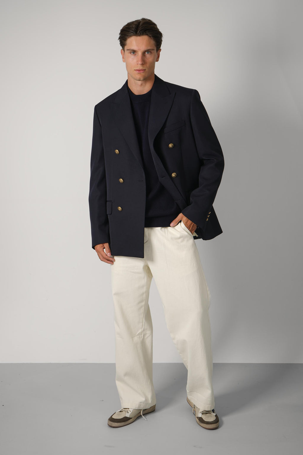 Golden Men's Double Breasted Blazer Compact Gabardine Wool
