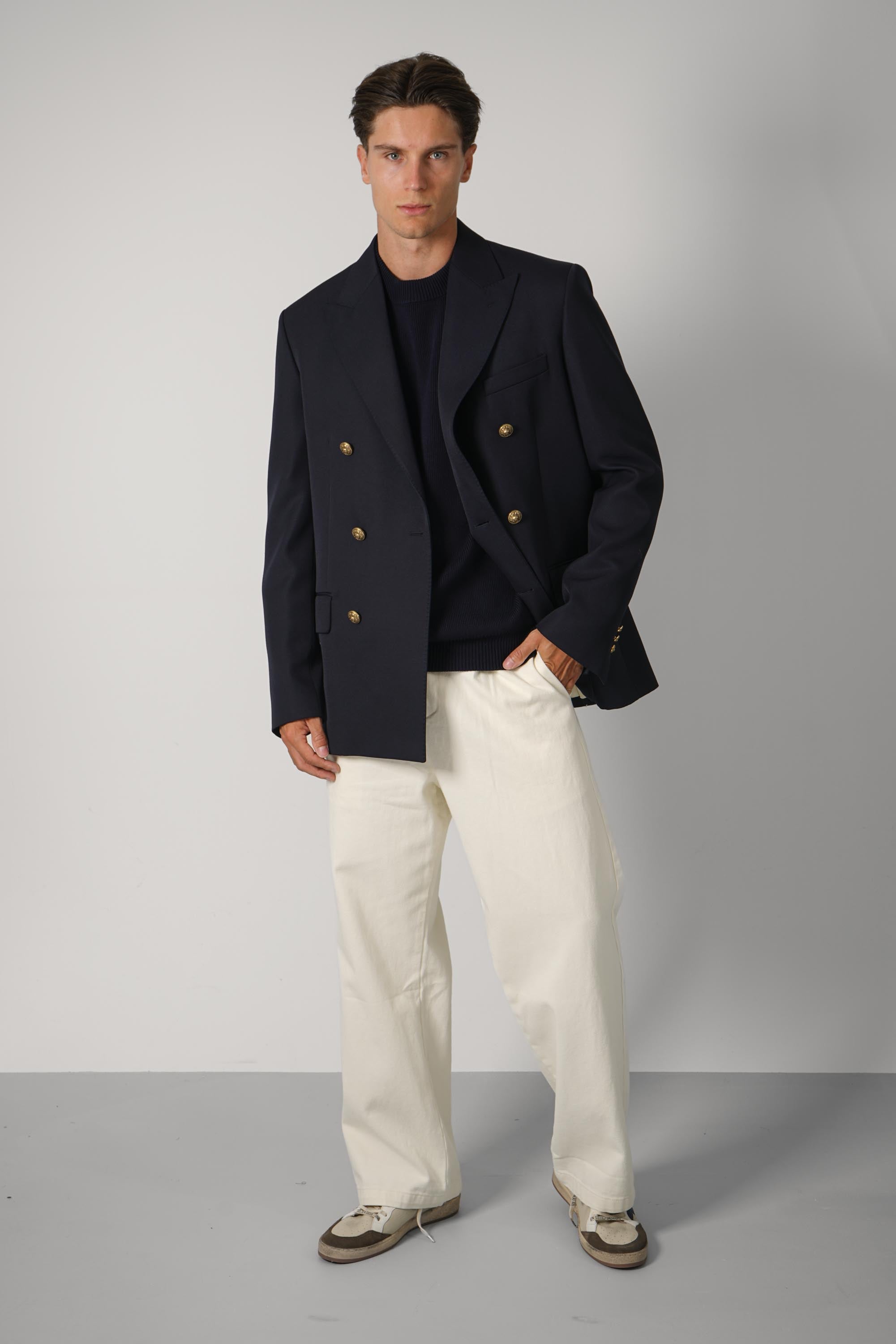 Golden Men's Double Breasted Blazer Compact Gabardine Wool