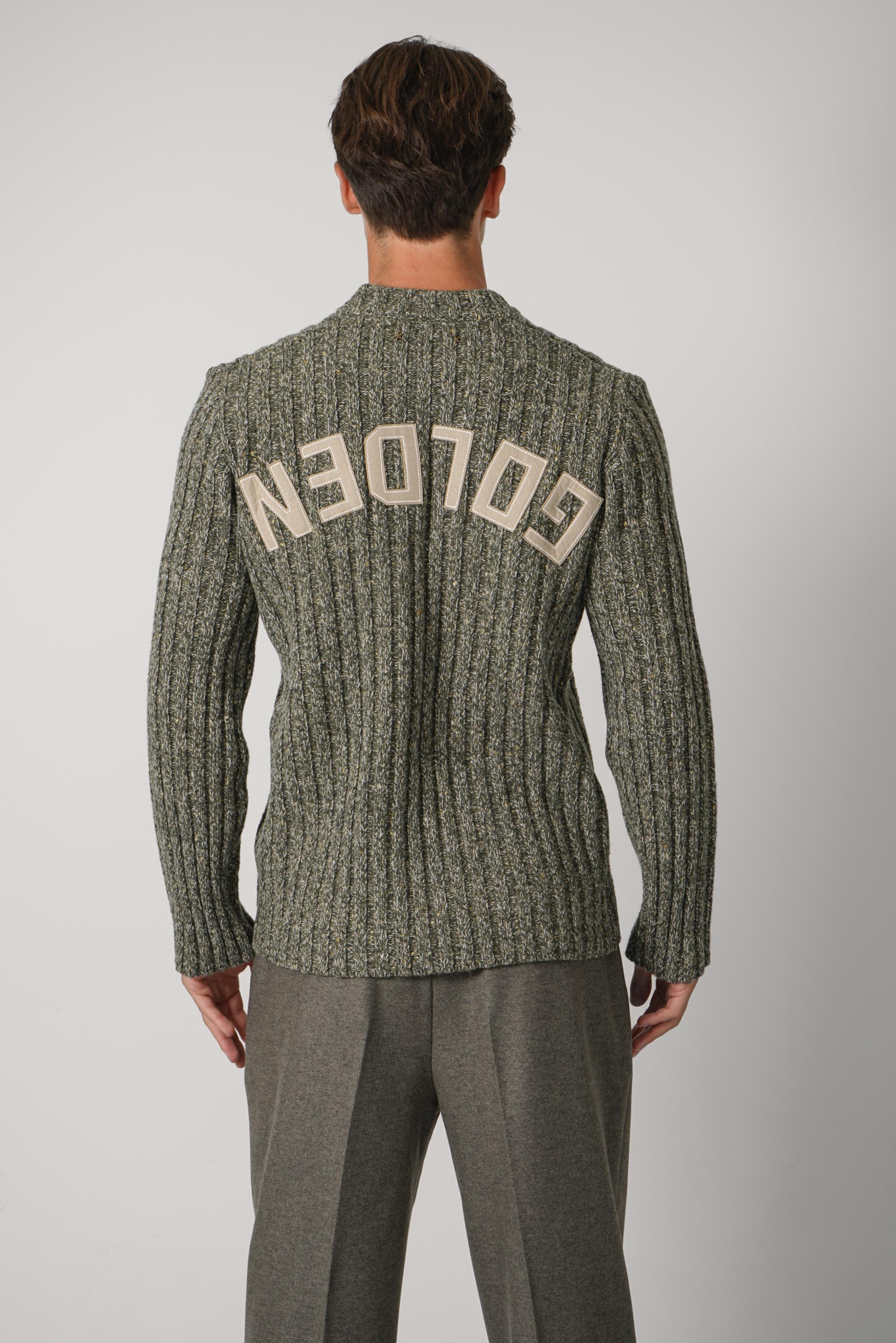 Golden Goose Journey Men's Knit Crewneck Royce Wool Mouline Ribs Golden Logo – Xxs Forest Green