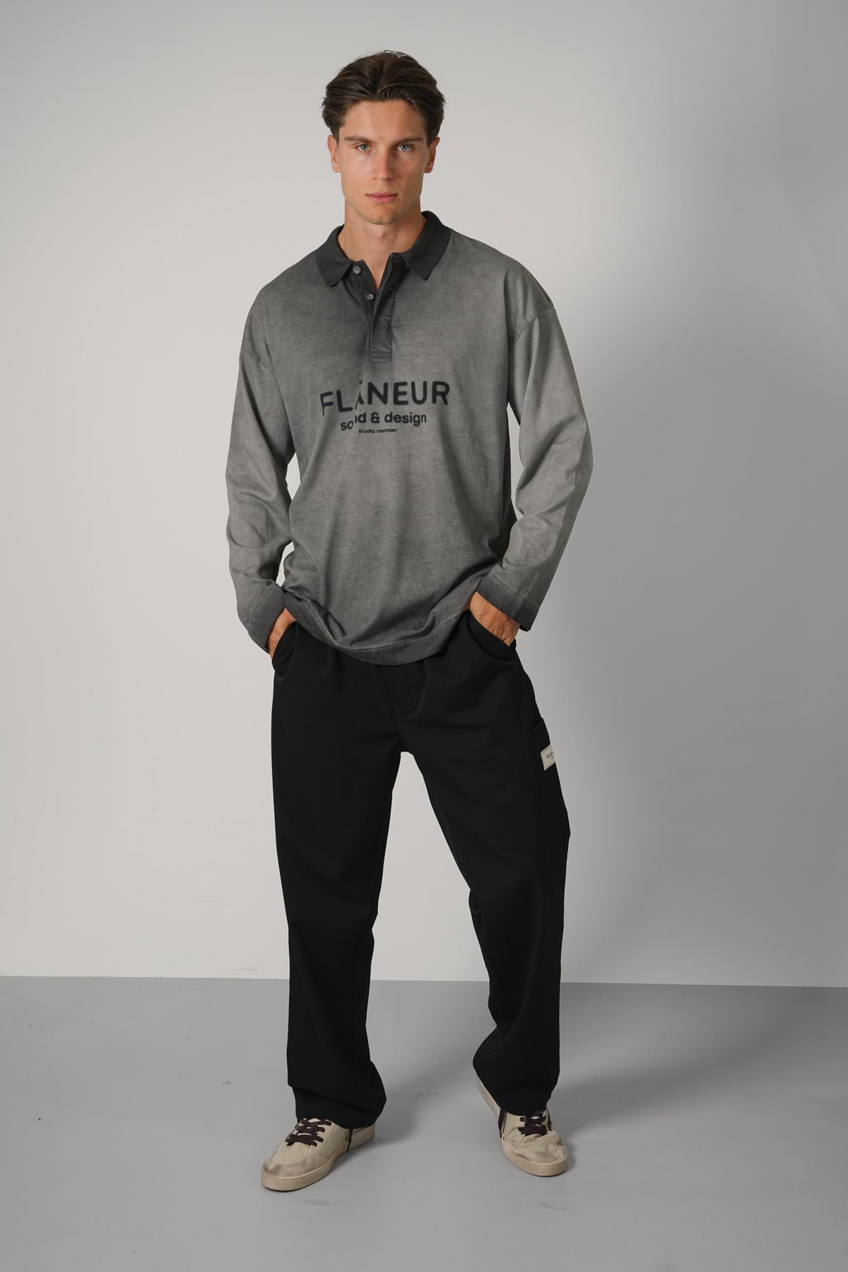 Flaneur Sound & Design Studio Member Polo Long Sleeve – Washed Grey