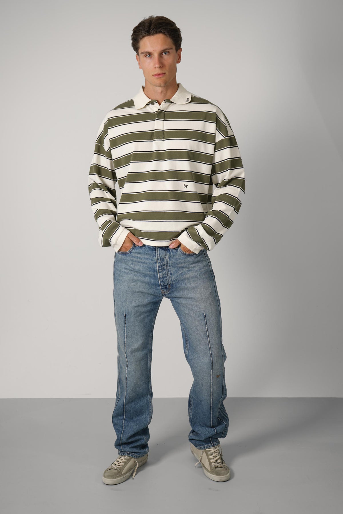 Rhude Fontaine Striped LS Polo Shirt – Cream / Olive Green