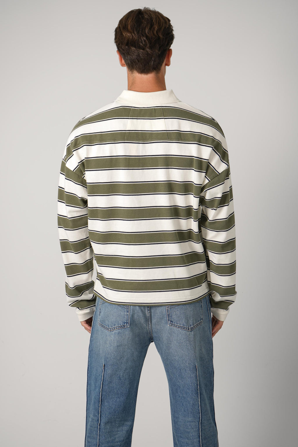 Rhude Fontaine Striped LS Polo Shirt – Cream / Olive Green