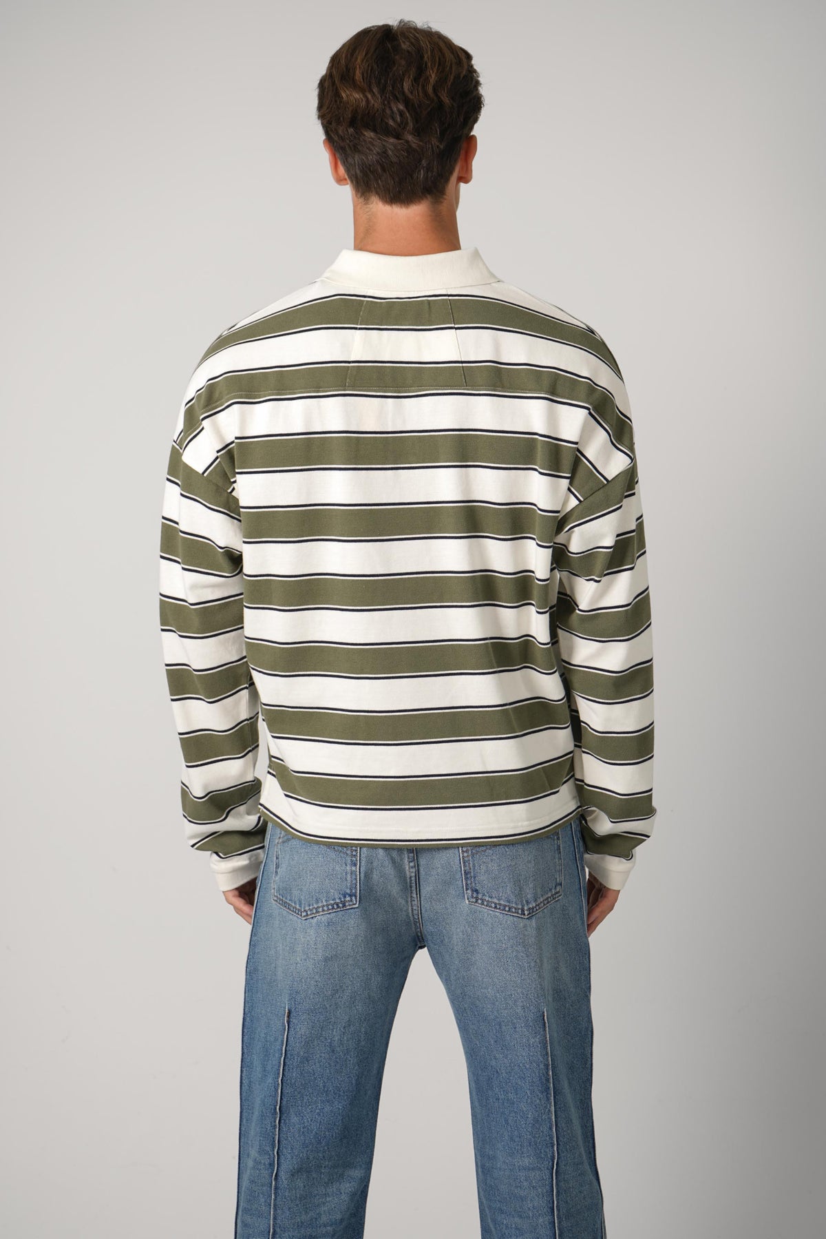 Rhude Fontaine Striped LS Polo Shirt – Cream / Olive Green