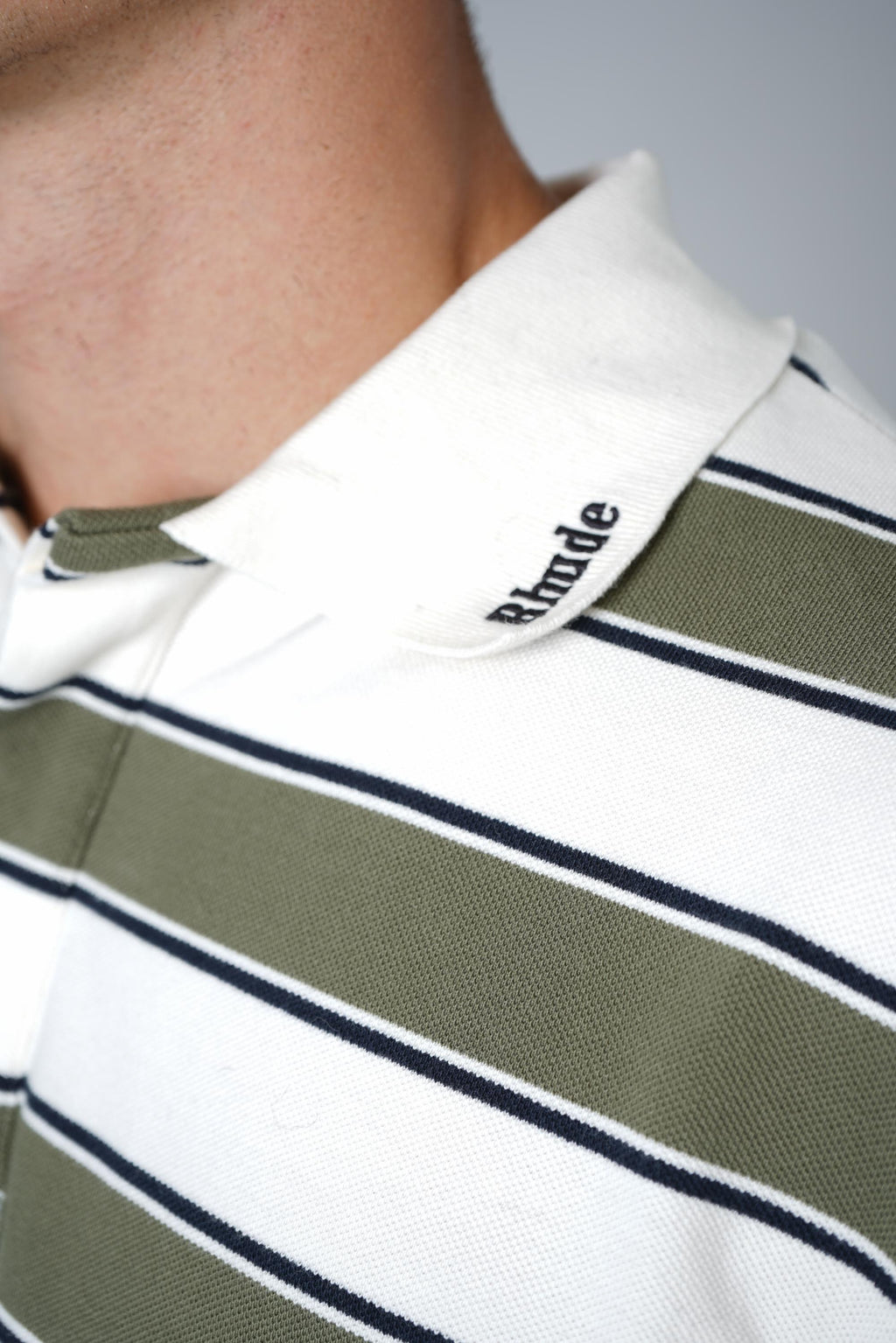 Rhude Fontaine Striped LS Polo Shirt – Cream / Olive Green