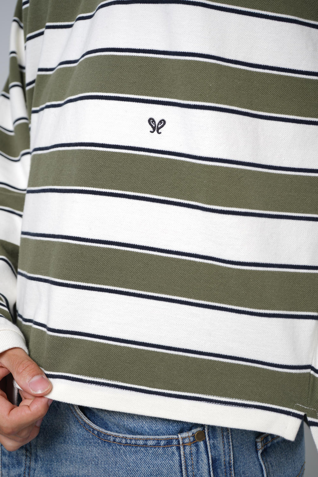 Rhude Fontaine Striped LS Polo Shirt – Cream / Olive Green