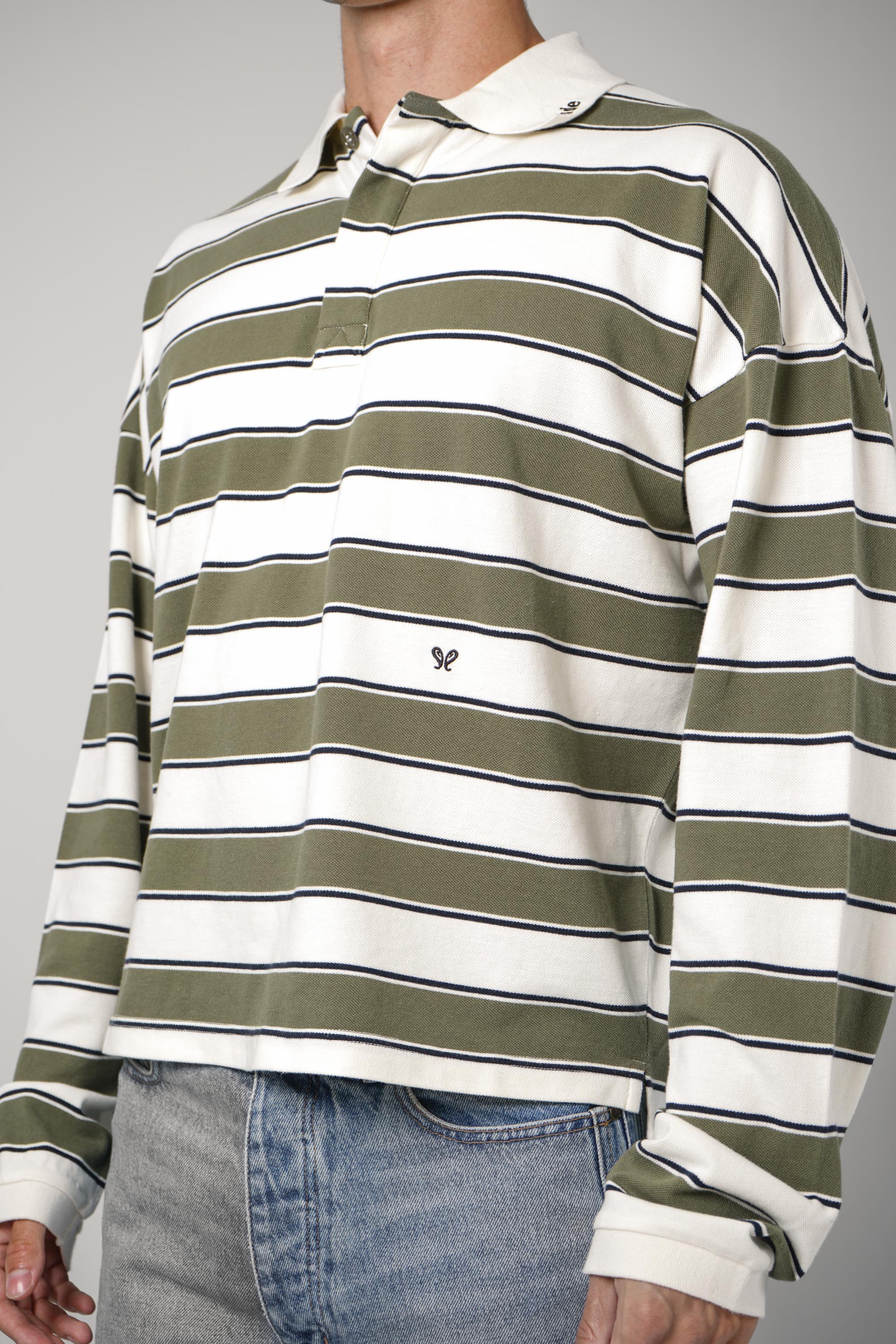 Rhude Fontaine Striped LS Polo Shirt – Cream / Olive Green