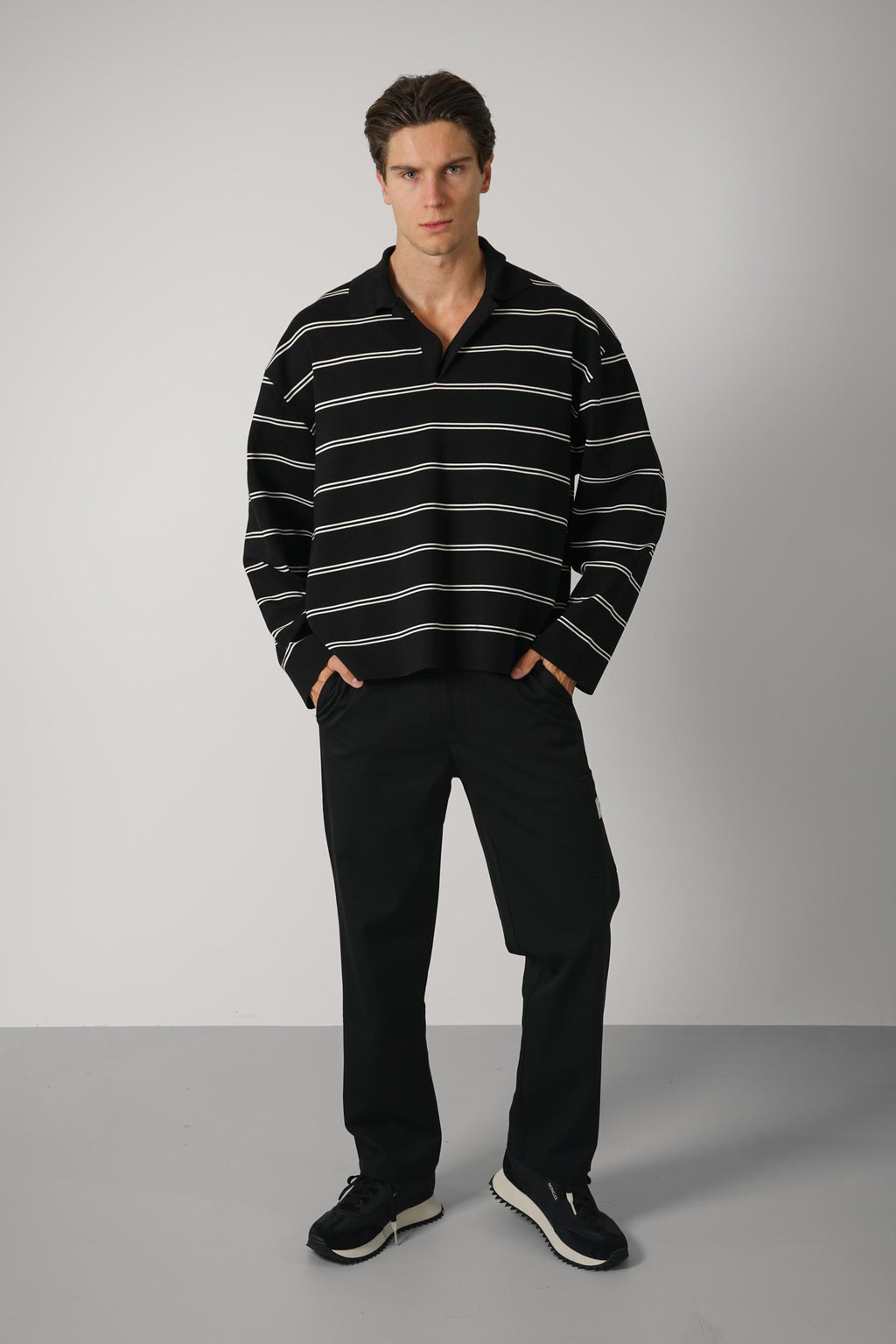 Long Sleeves Striped Polo – Black/White