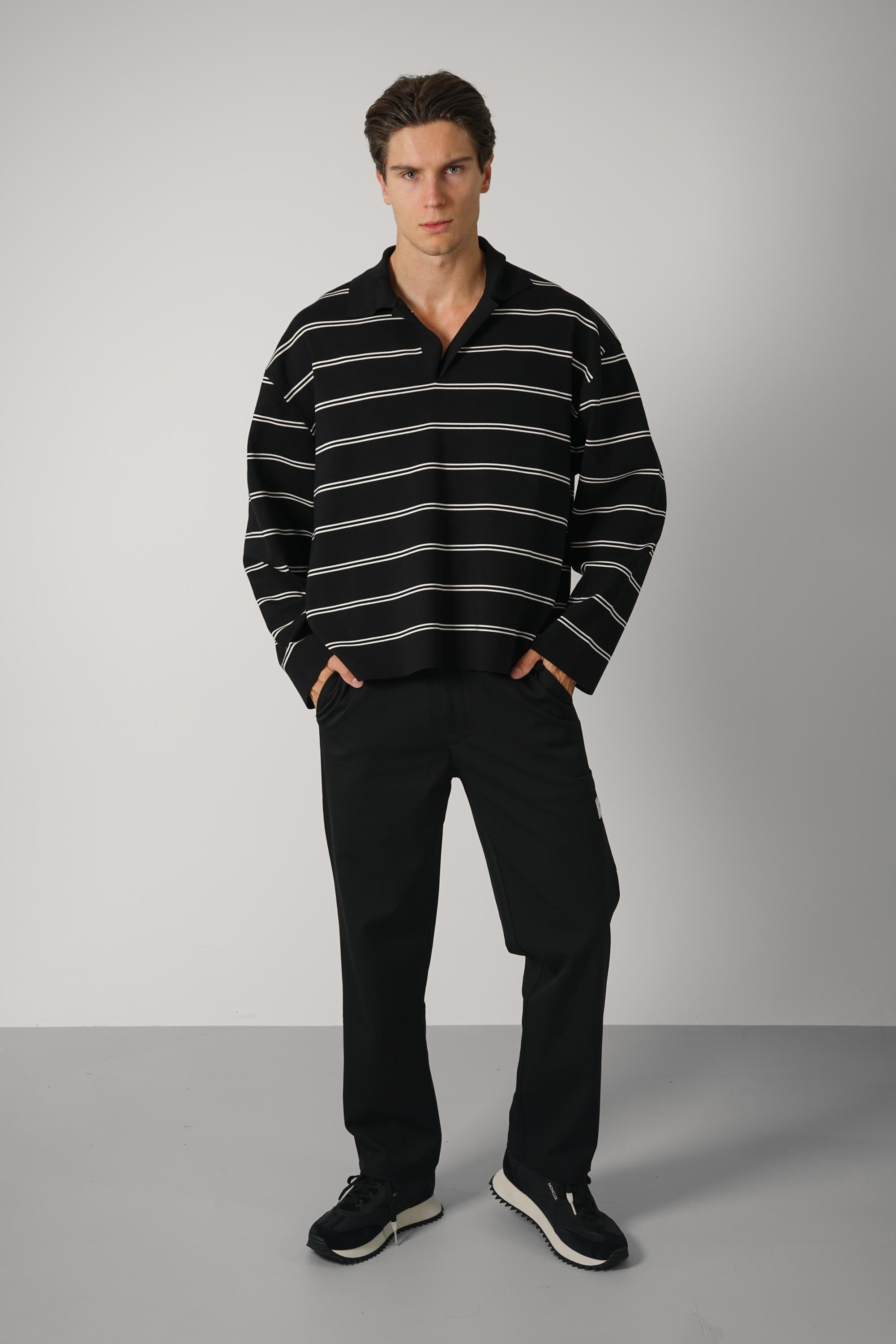 Long Sleeves Striped Polo – Black/White