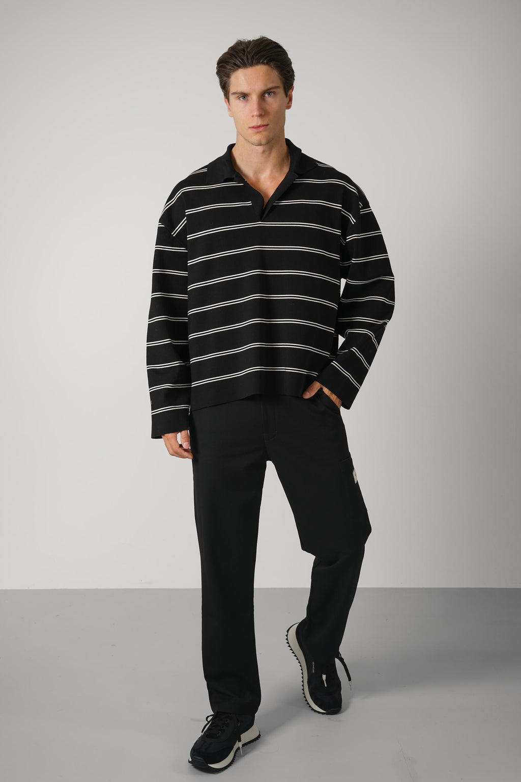 Long Sleeves Striped Polo – Black/White