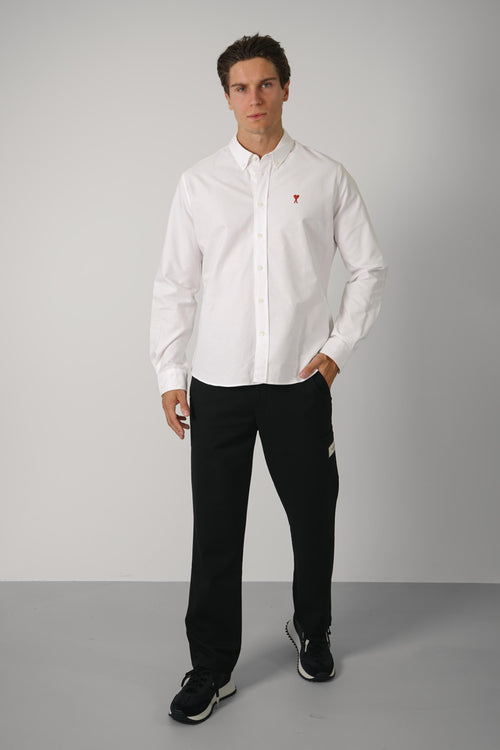 Ami Paris Classic Shirt Button Down Collar with Embroidered Ami de Coeur – Natural White