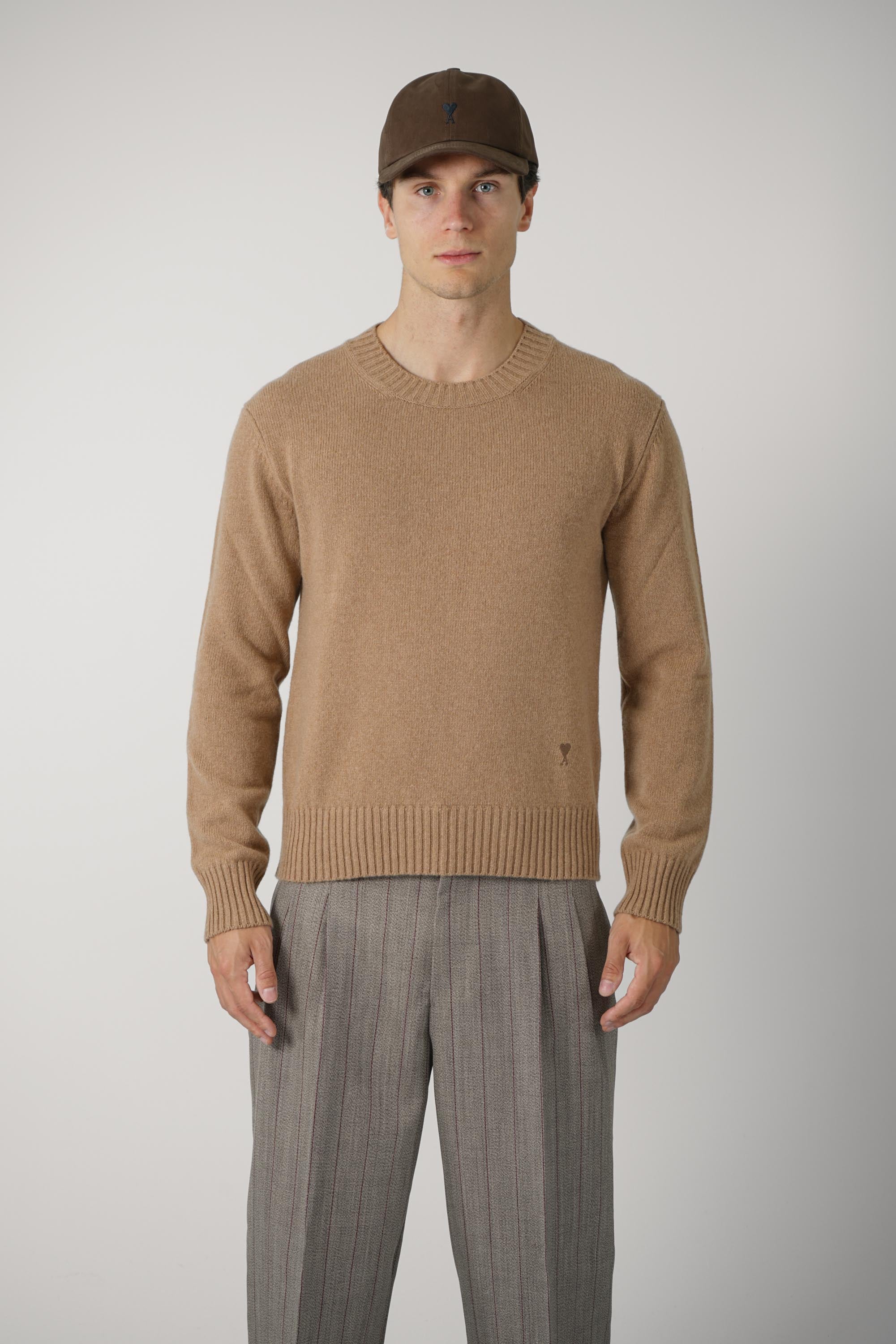 Crewneck Sweater with Tonal Ami de Coeur – Camel