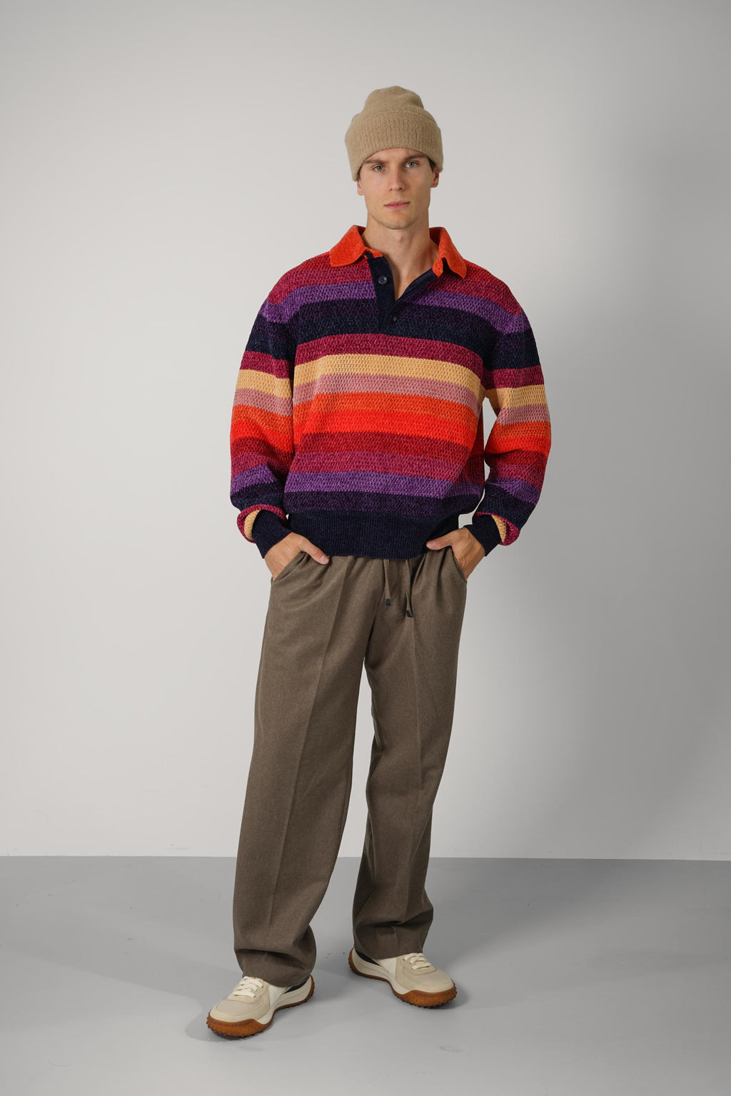 Chenille Striped Long Sleeve Polo Horse Patch – Multico