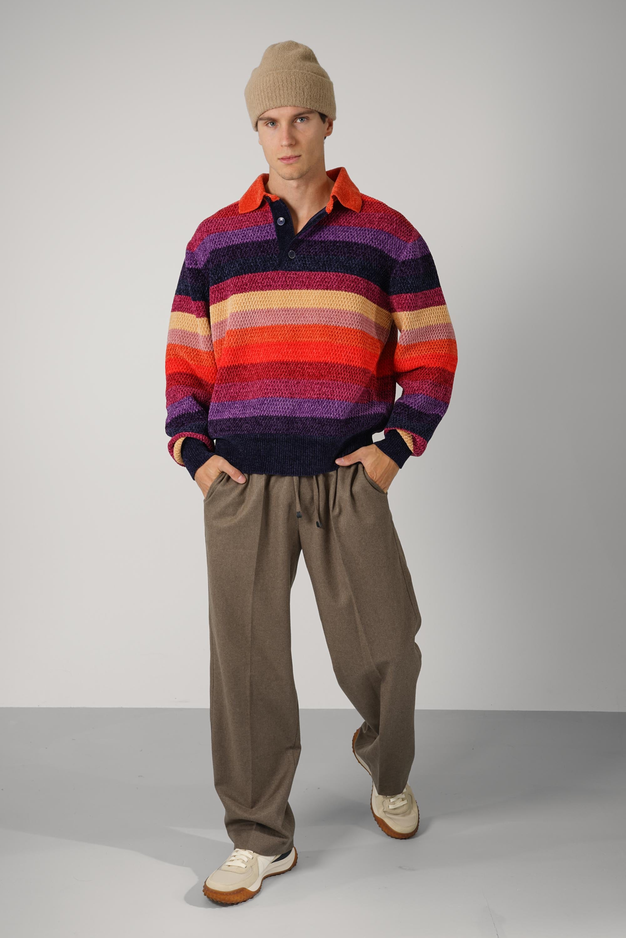 Chenille Striped Long Sleeve Polo Horse Patch – Multico