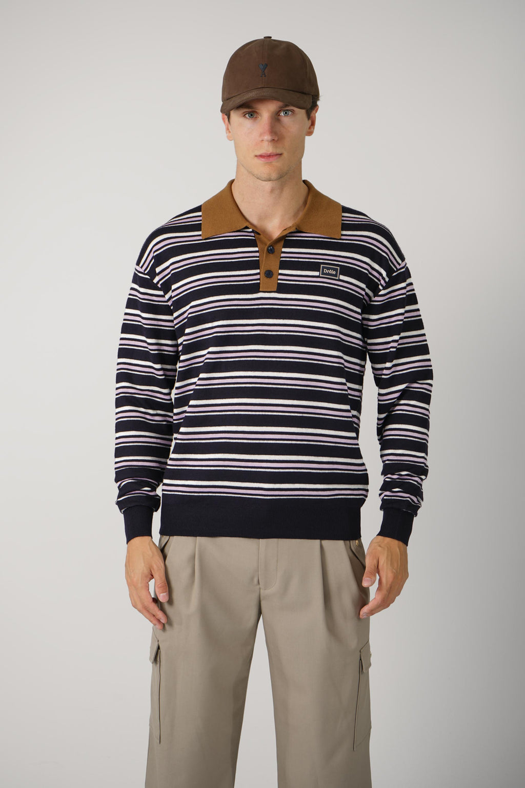 Striped Knitwear Longsleeve Polo – Navy