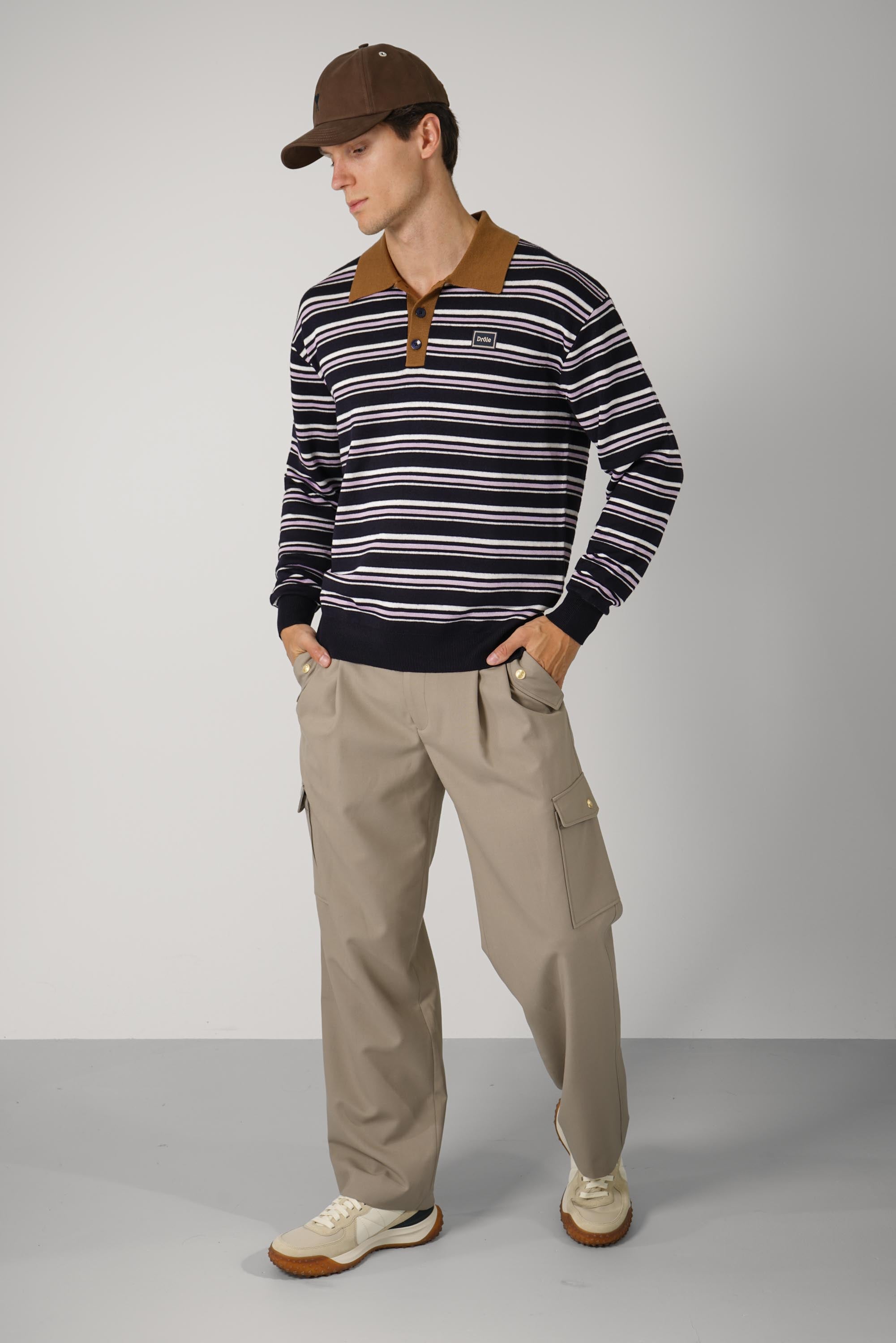 Striped Knitwear Longsleeve Polo – Navy