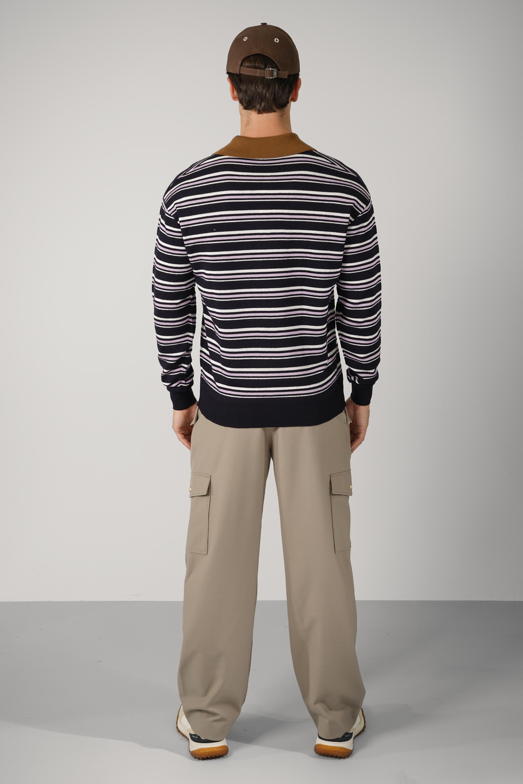 Striped Knitwear Longsleeve Polo – Navy