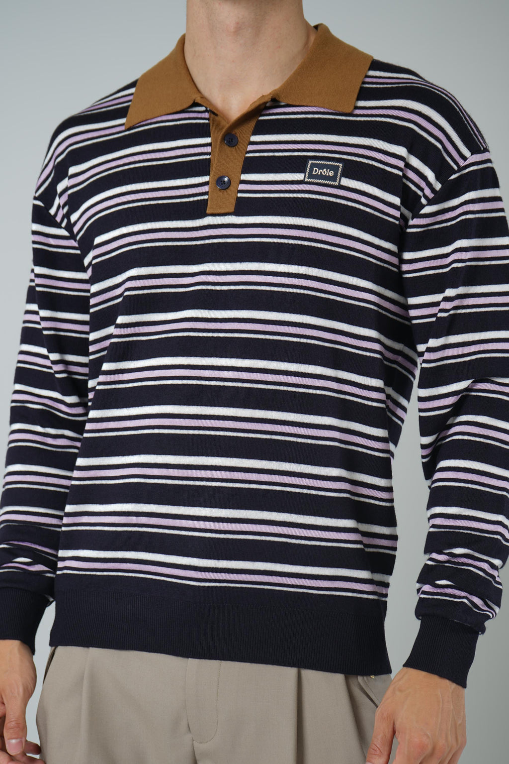 Striped Knitwear Longsleeve Polo – Navy