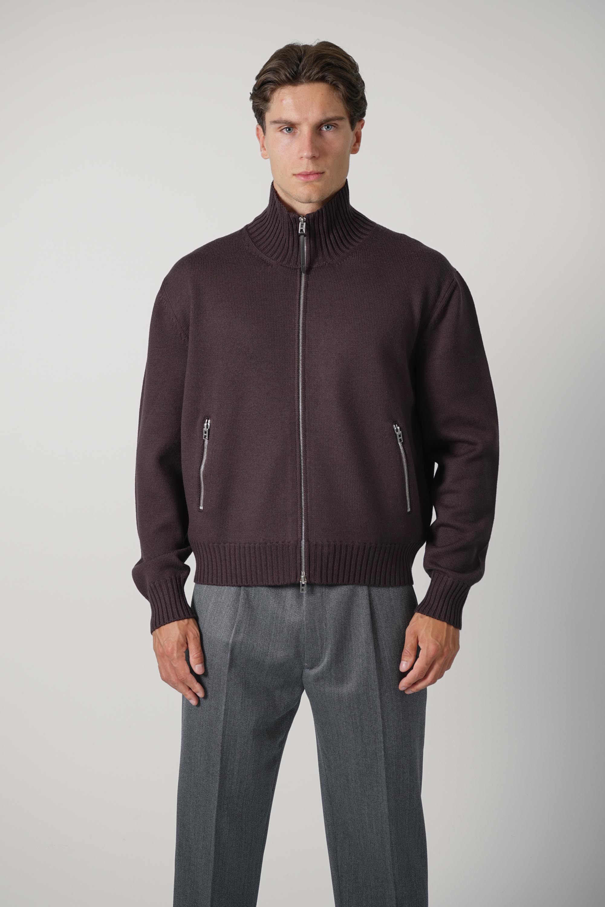 Merino With Leather Patches Full Zip – Chocolate Torte
