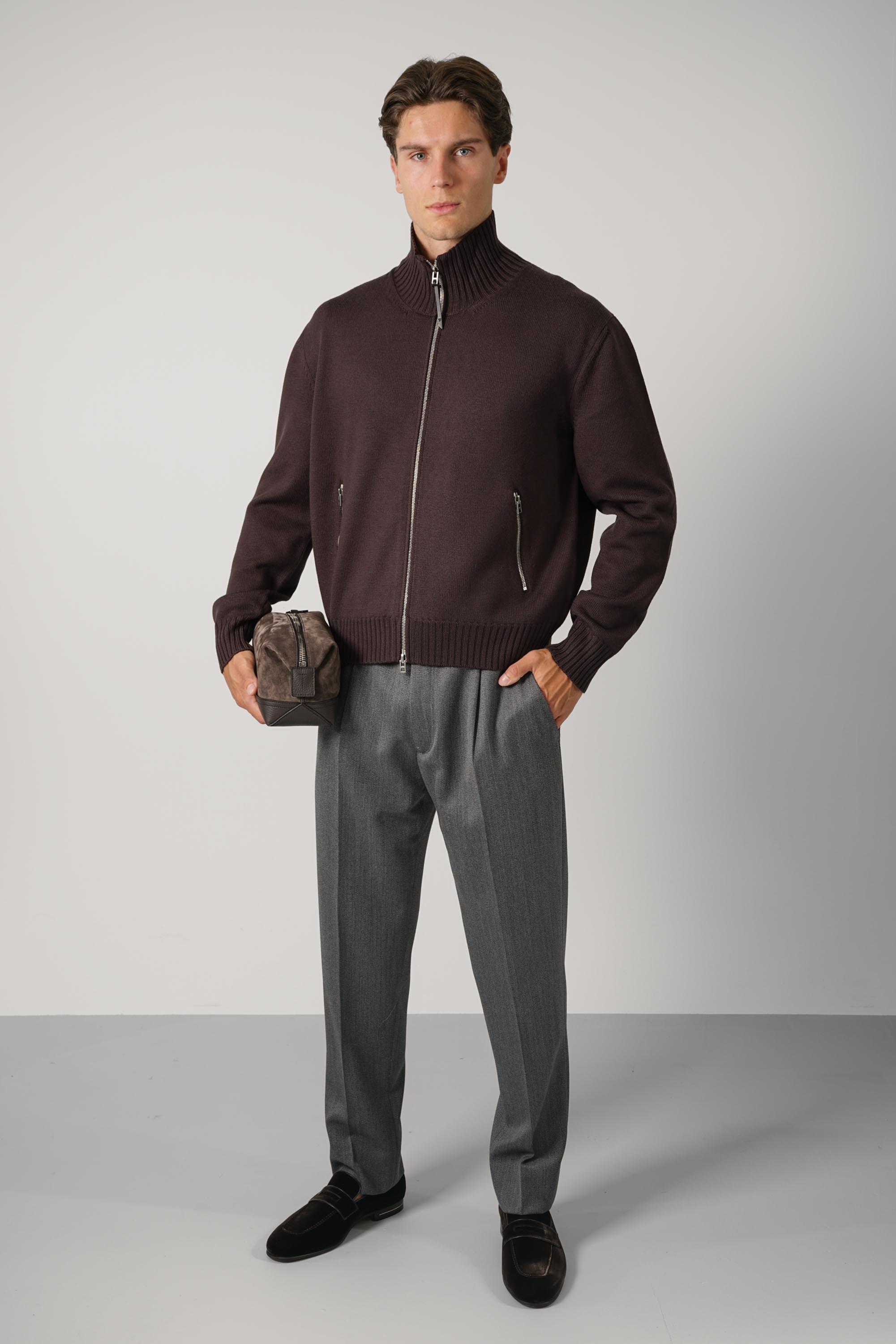 Merino With Leather Patches Full Zip – Chocolate Torte