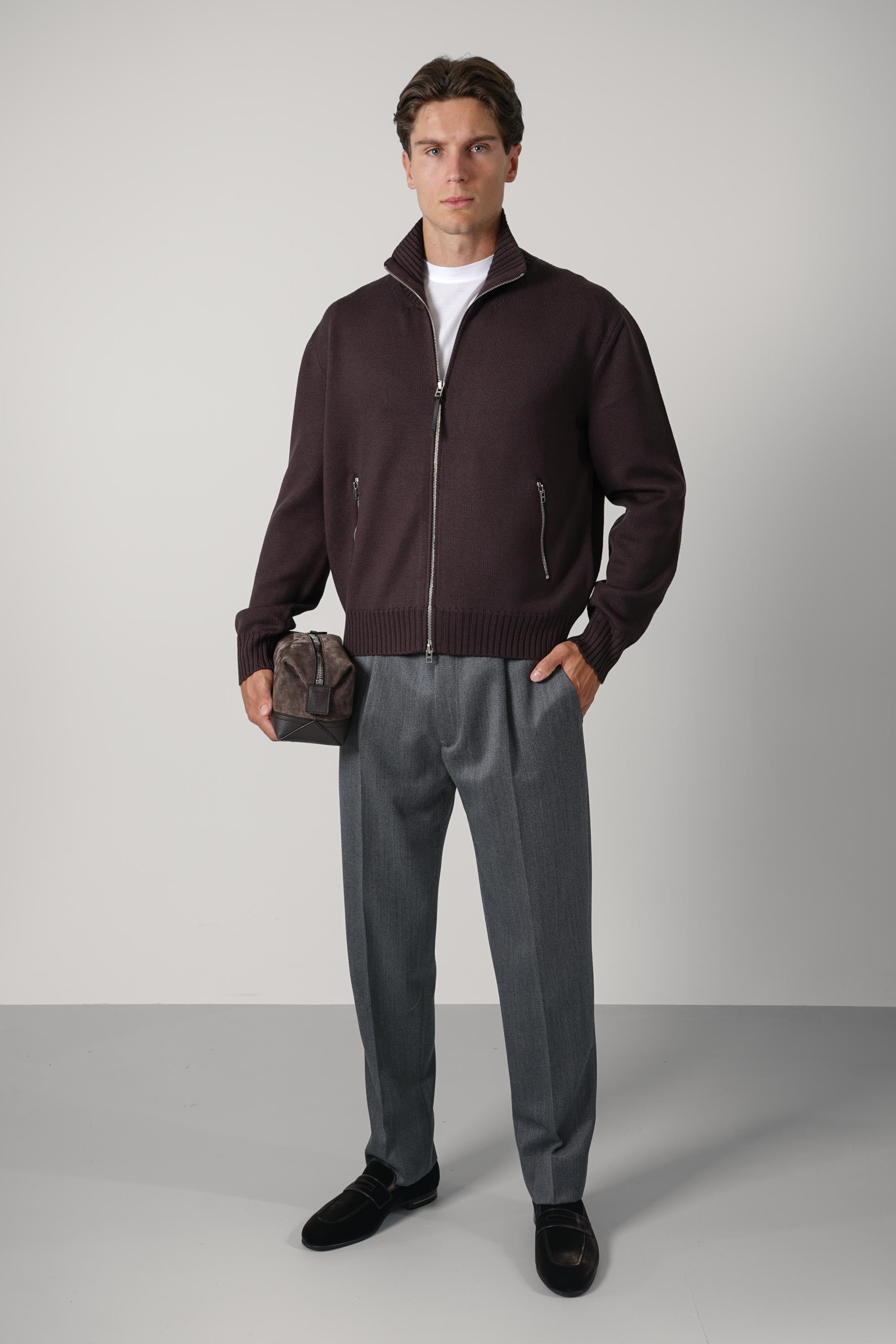 Merino With Leather Patches Full Zip – Chocolate Torte