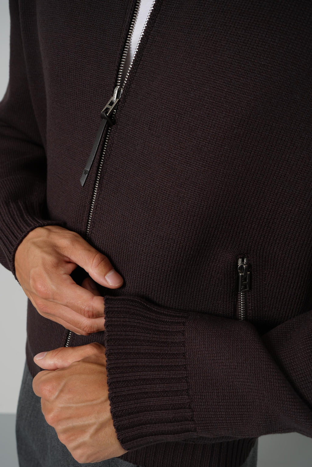 Merino With Leather Patches Full Zip – Chocolate Torte