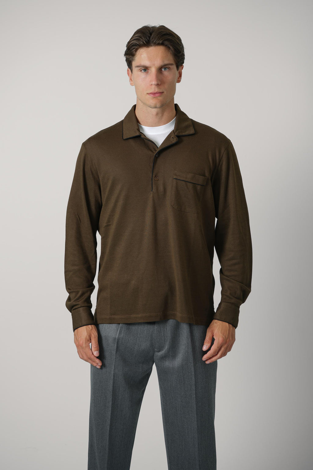 Cotton Silk Piquet LS Polo – Brown