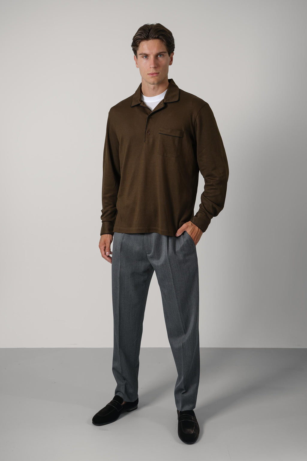Cotton Silk Piquet LS Polo – Brown