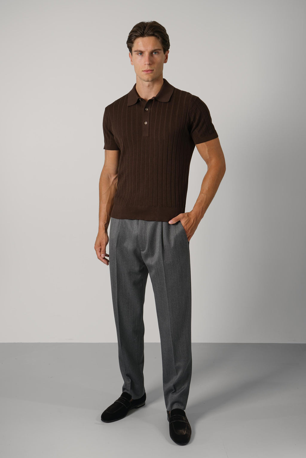Lace Stitch Cotton Silk SS Polo – Chocolate Torte