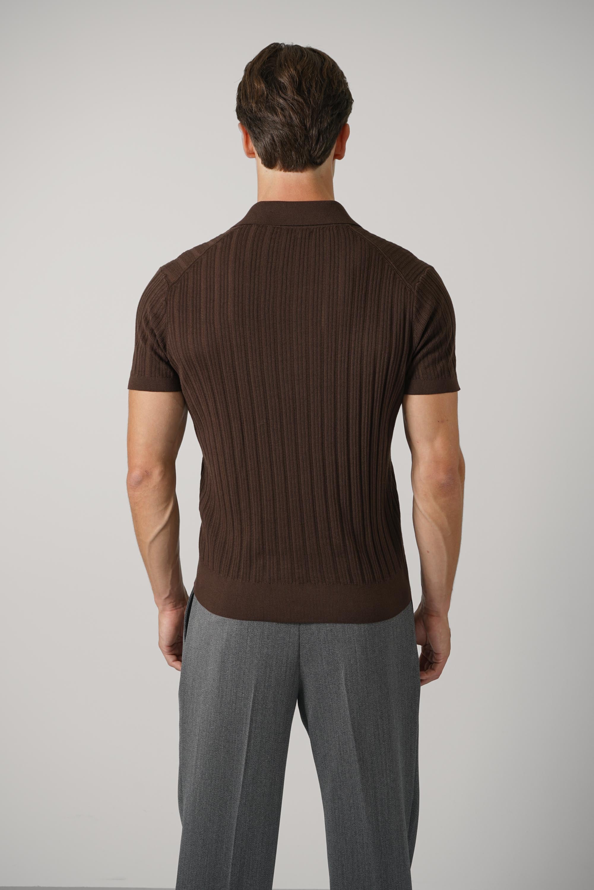 Lace Stitch Cotton Silk SS Polo – Chocolate Torte