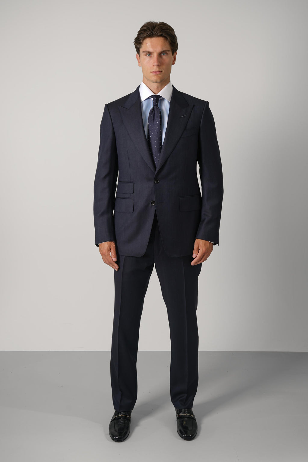 Super 120's Mouliné Herringbone Shelton Suit FL – Navy
