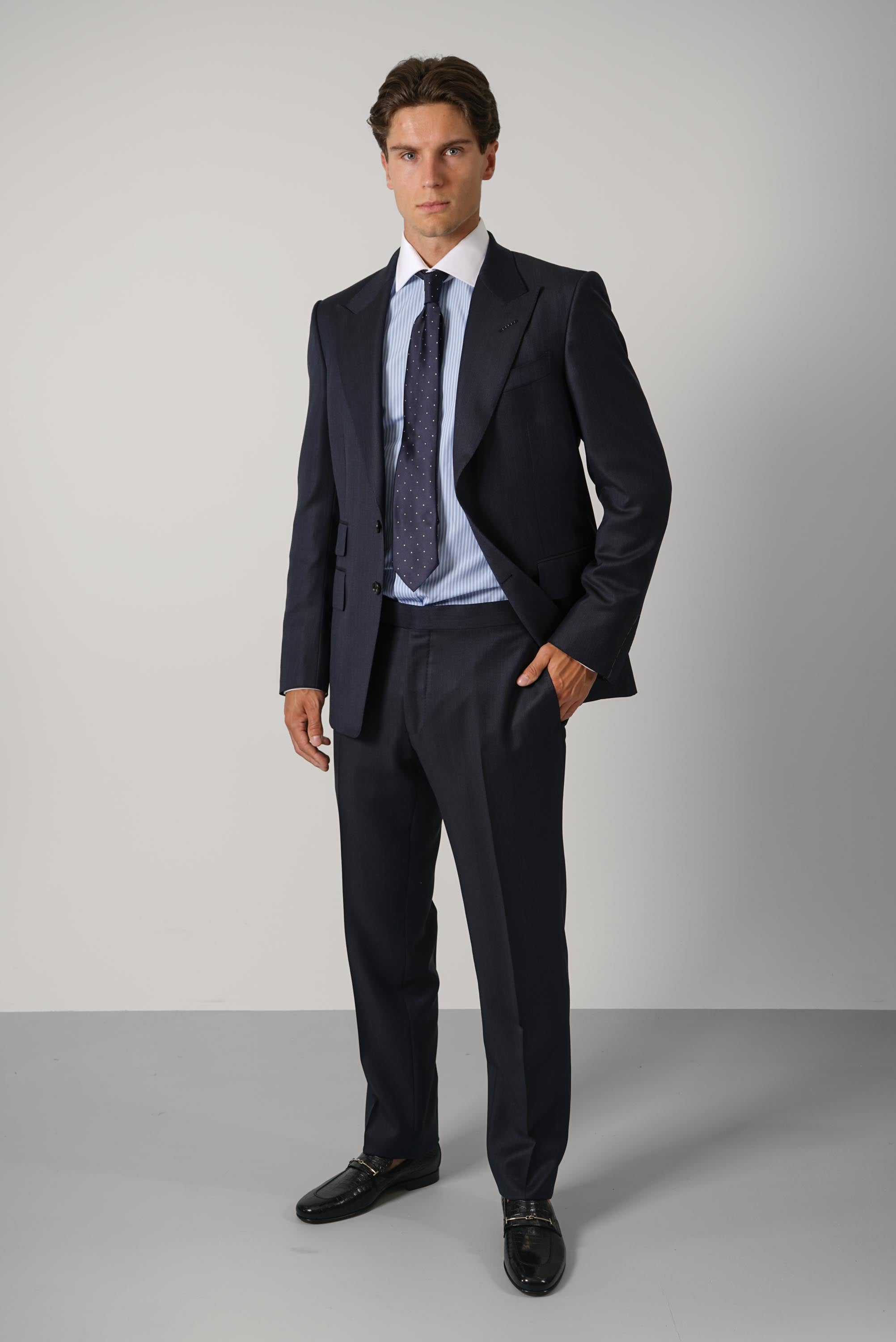 Super 120's Mouliné Herringbone Shelton Suit FL – Navy