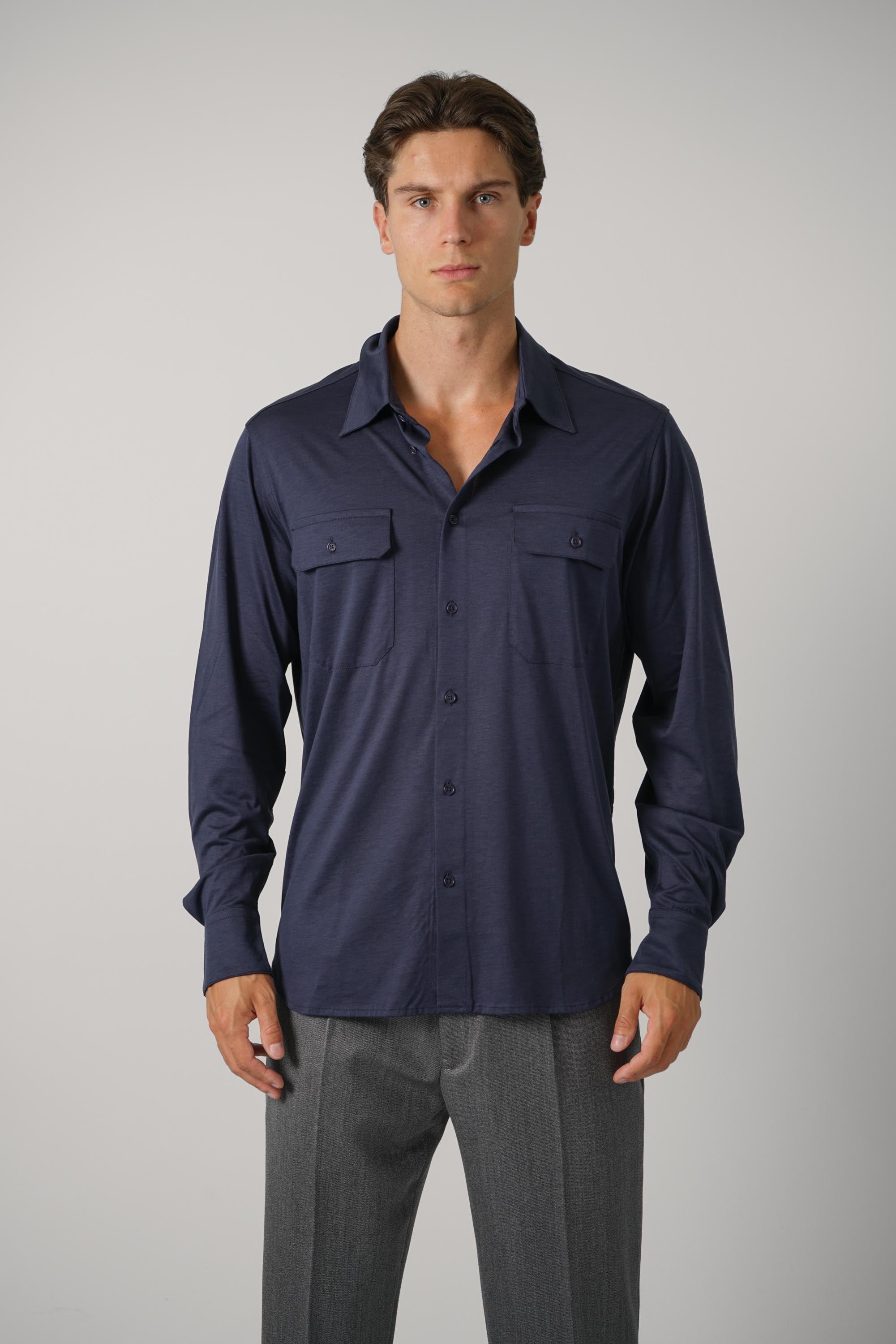 Silk Cotton Blend Military Shirt – Navy
