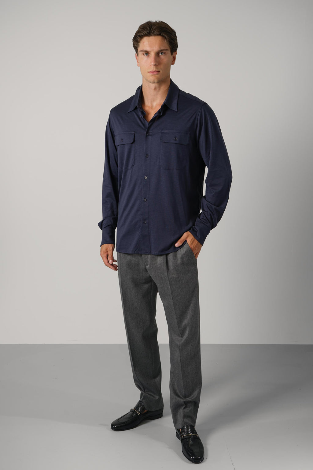 Silk Cotton Blend Military Shirt – Navy