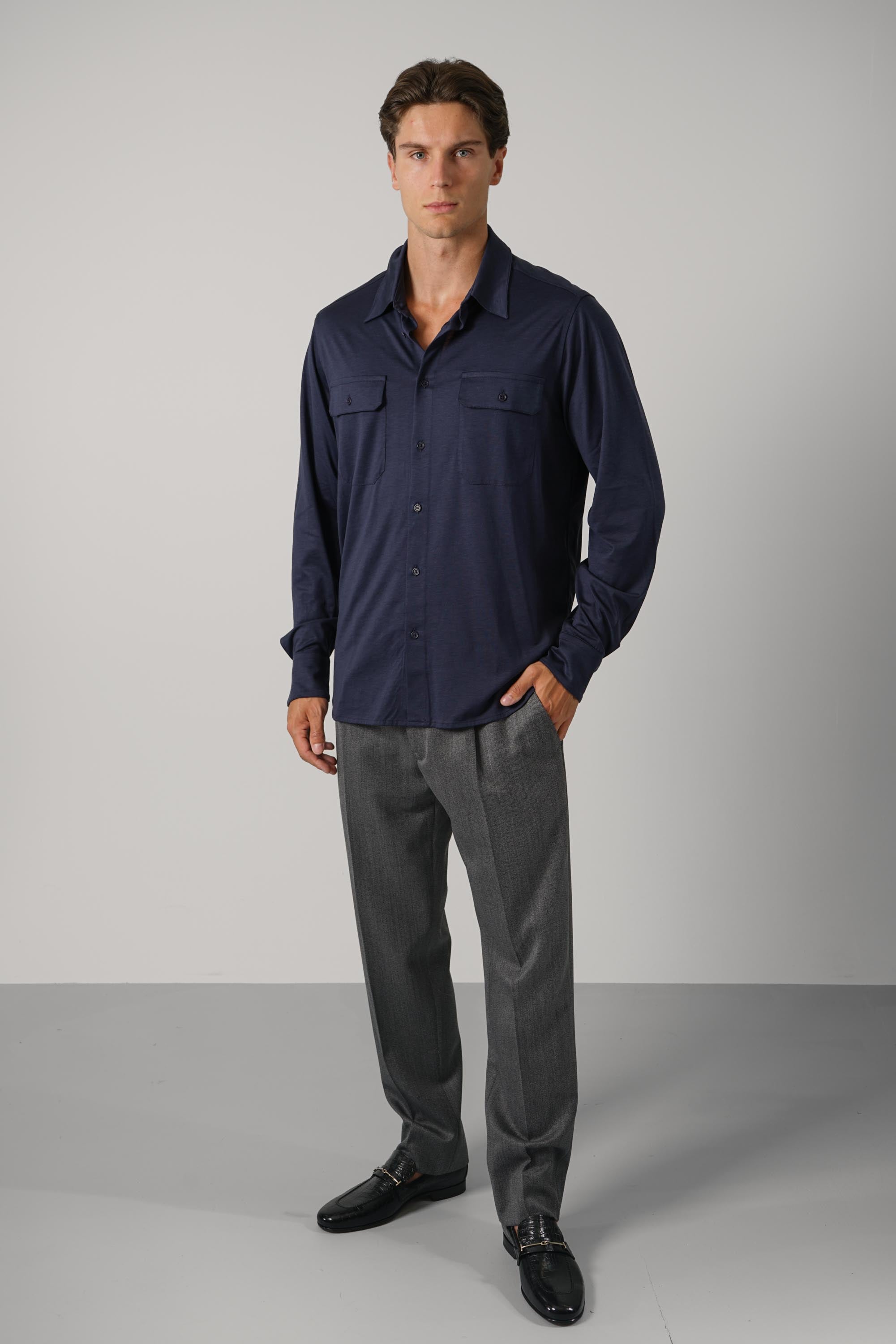 Silk Cotton Blend Military Shirt – Navy