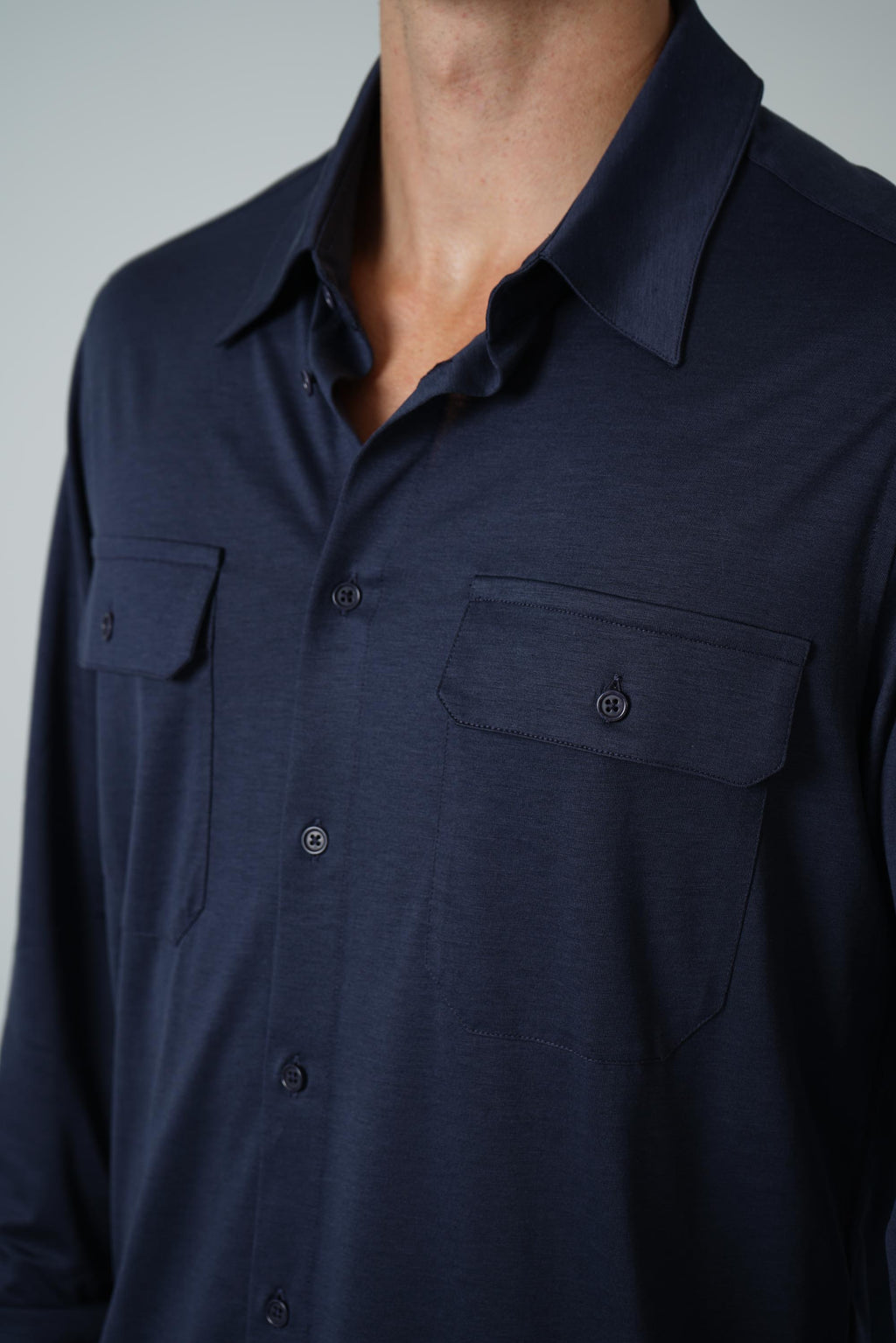 Silk Cotton Blend Military Shirt – Navy