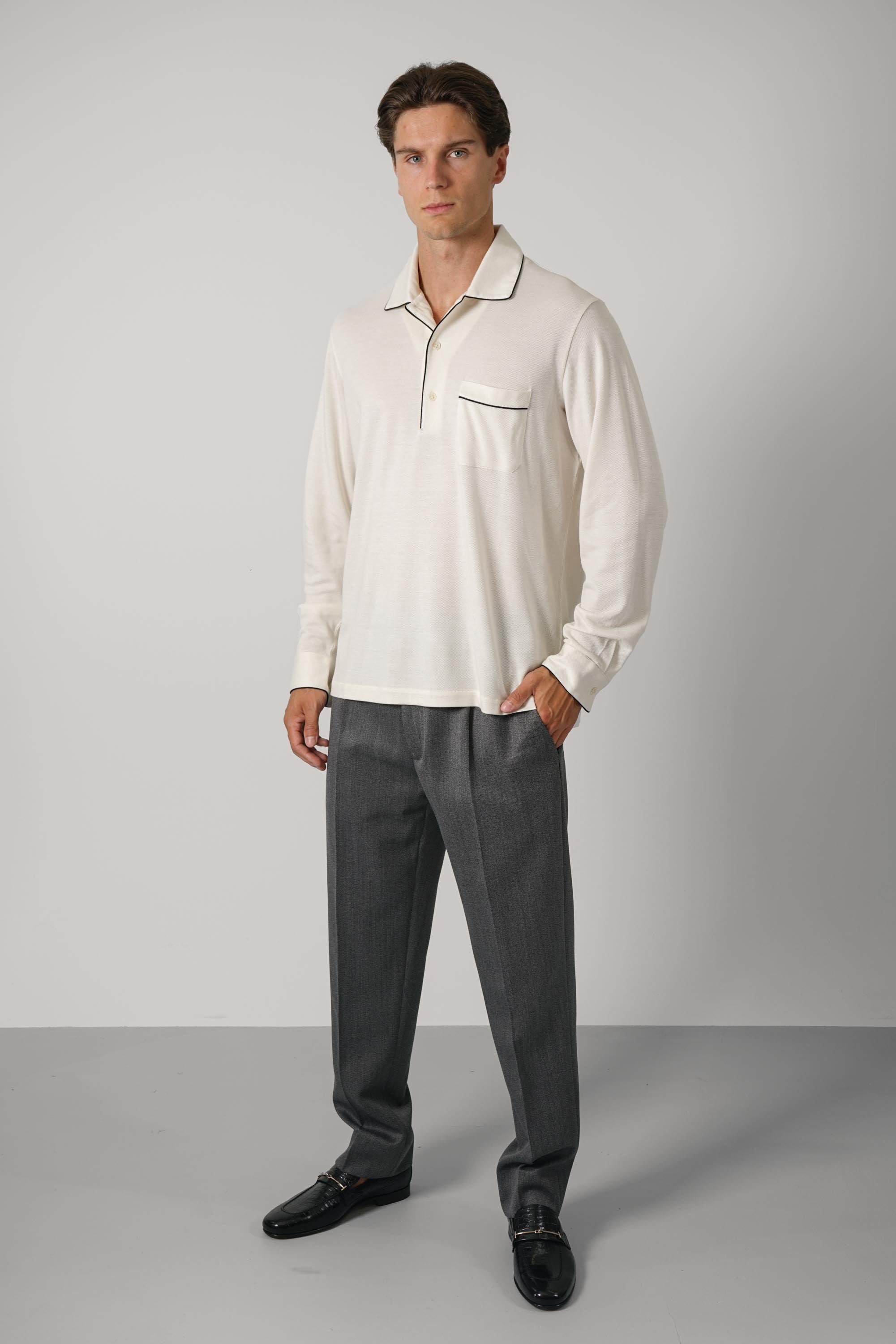 Cotton Silk Piquet LS Polo – Ecru