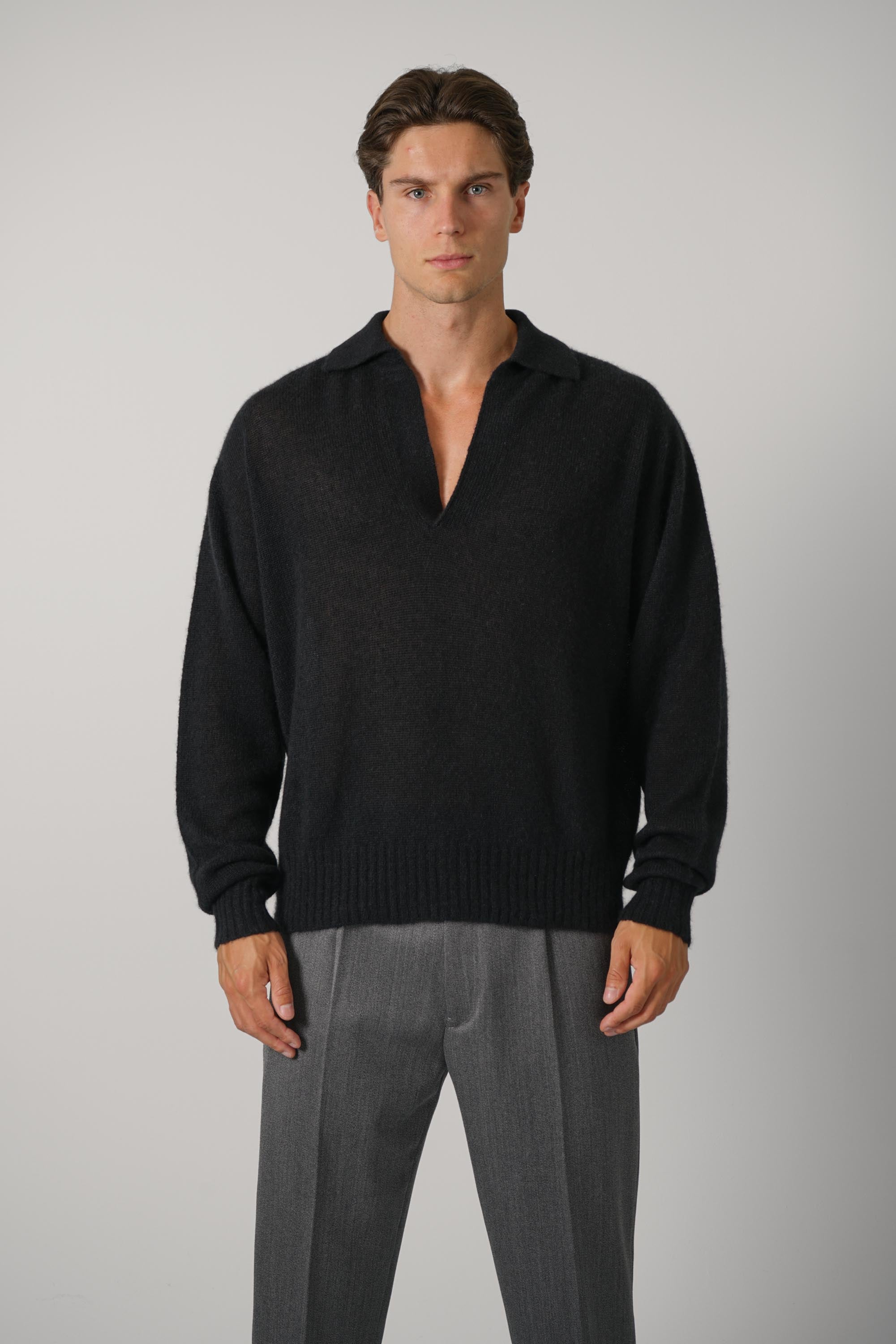 Seamless Cashmere Silk LS Buttonless Polo – Black