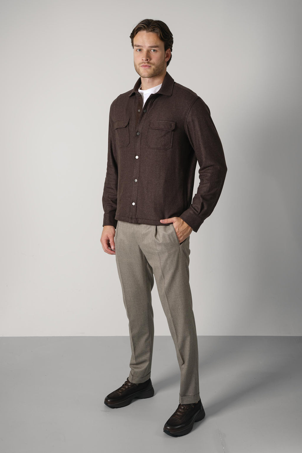 Maurizio Baldassari Overshirt with Pockets & Snaps – Turkish Coffee