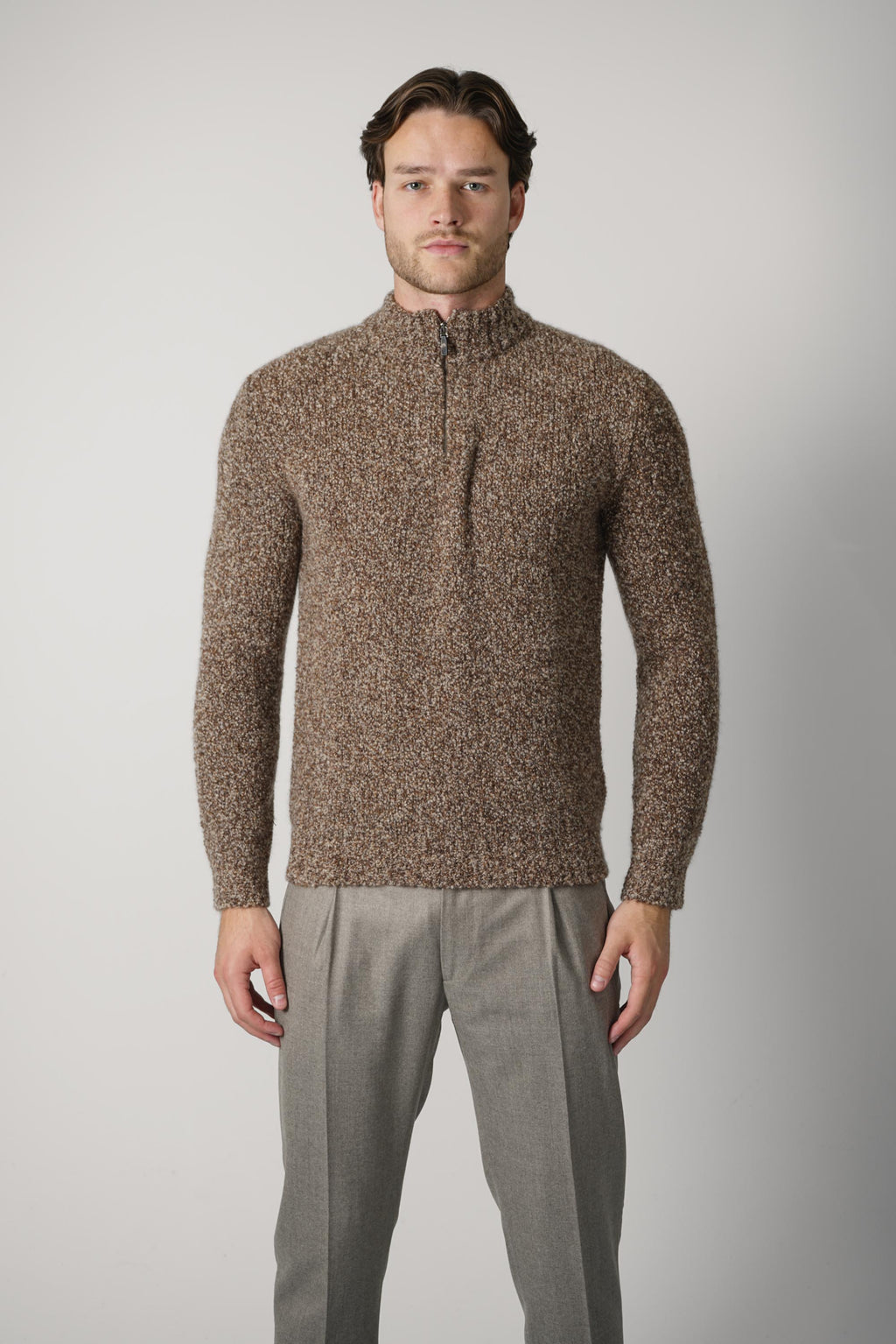 Maurizio Baldassari Boucle Mock Zip – Brown Toffee
