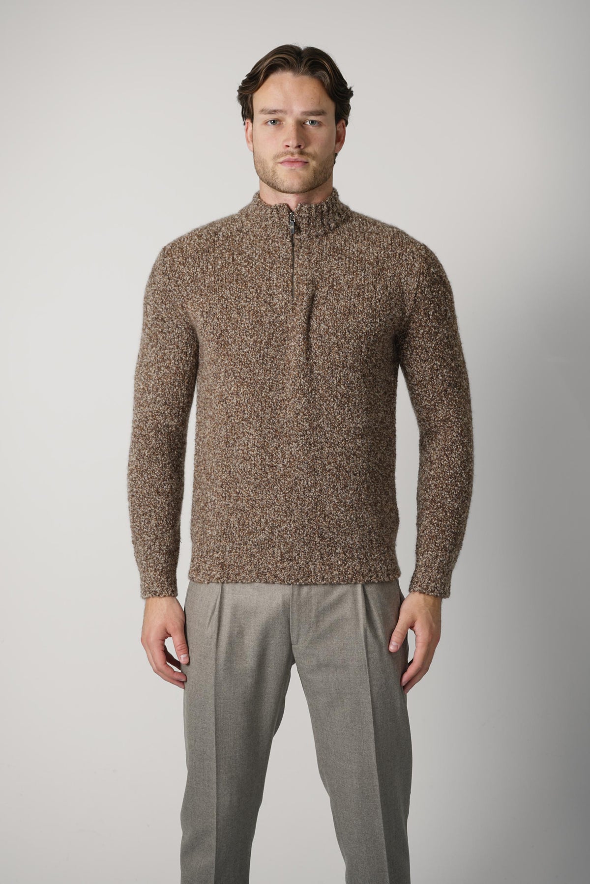 Maurizio Baldassari Boucle Mock Zip – Brown Toffee